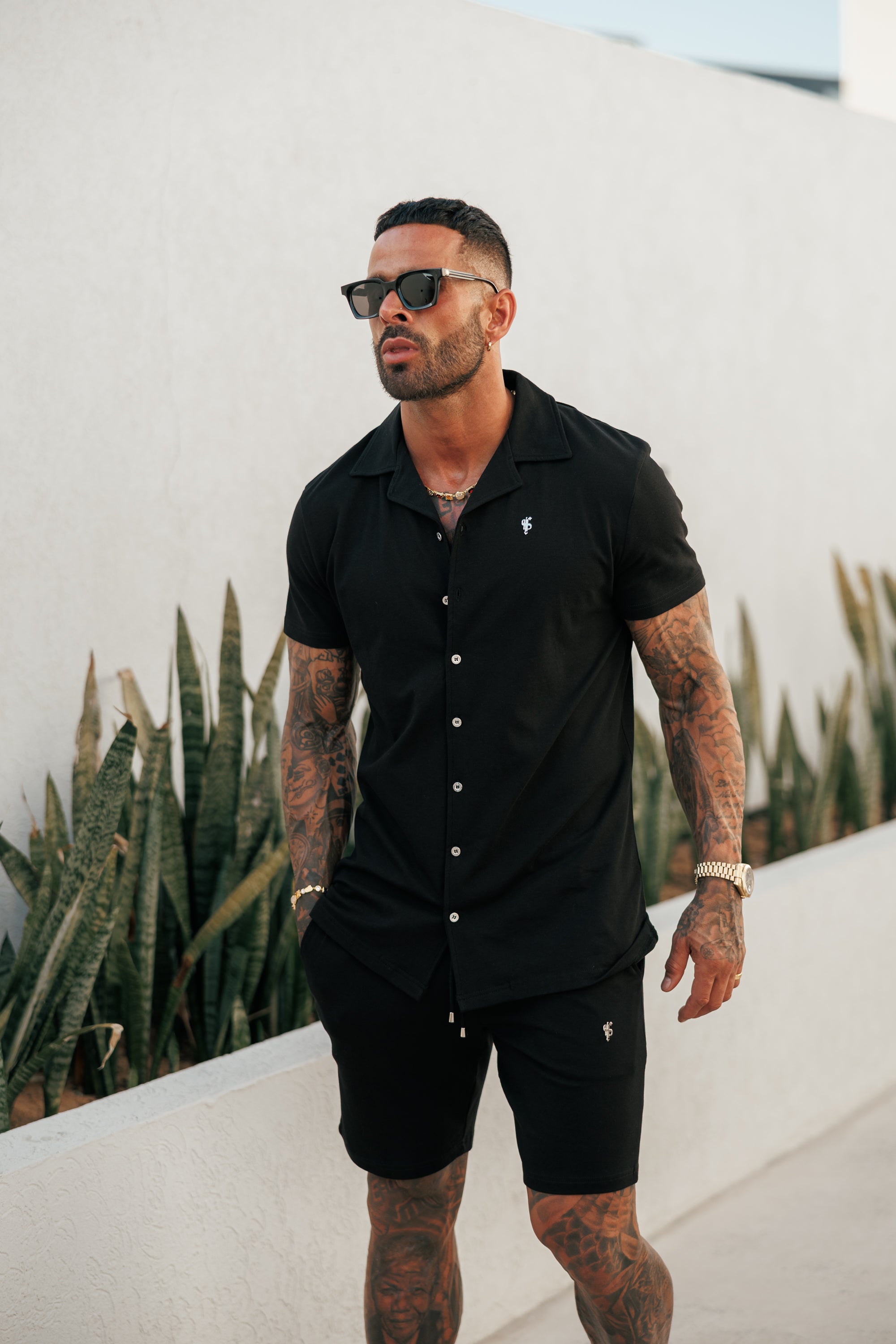 Stretch Black / Silver Pique Revere Shirt Short Sleeve - FSH1355