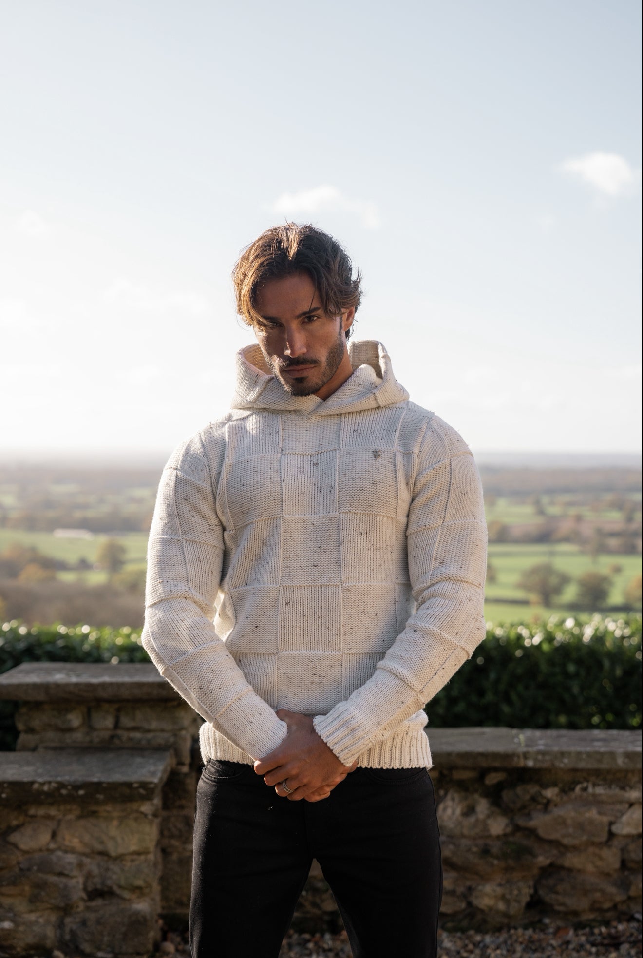 Beige Fleck Checkerboard Knitted Hoodie - FSJ133