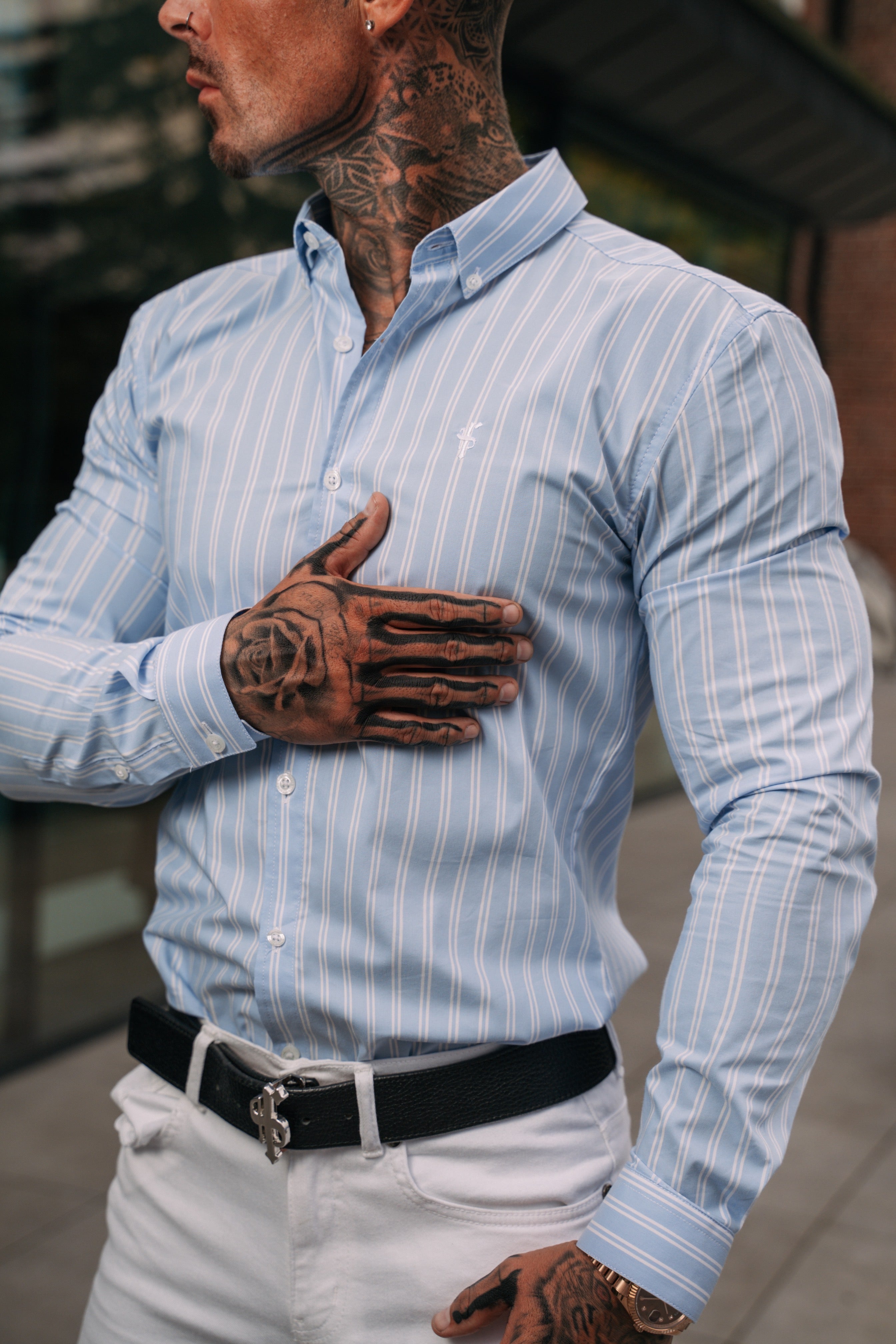 Classic Light Blue and White Woven Double Stripe Long Sleeve - FS975