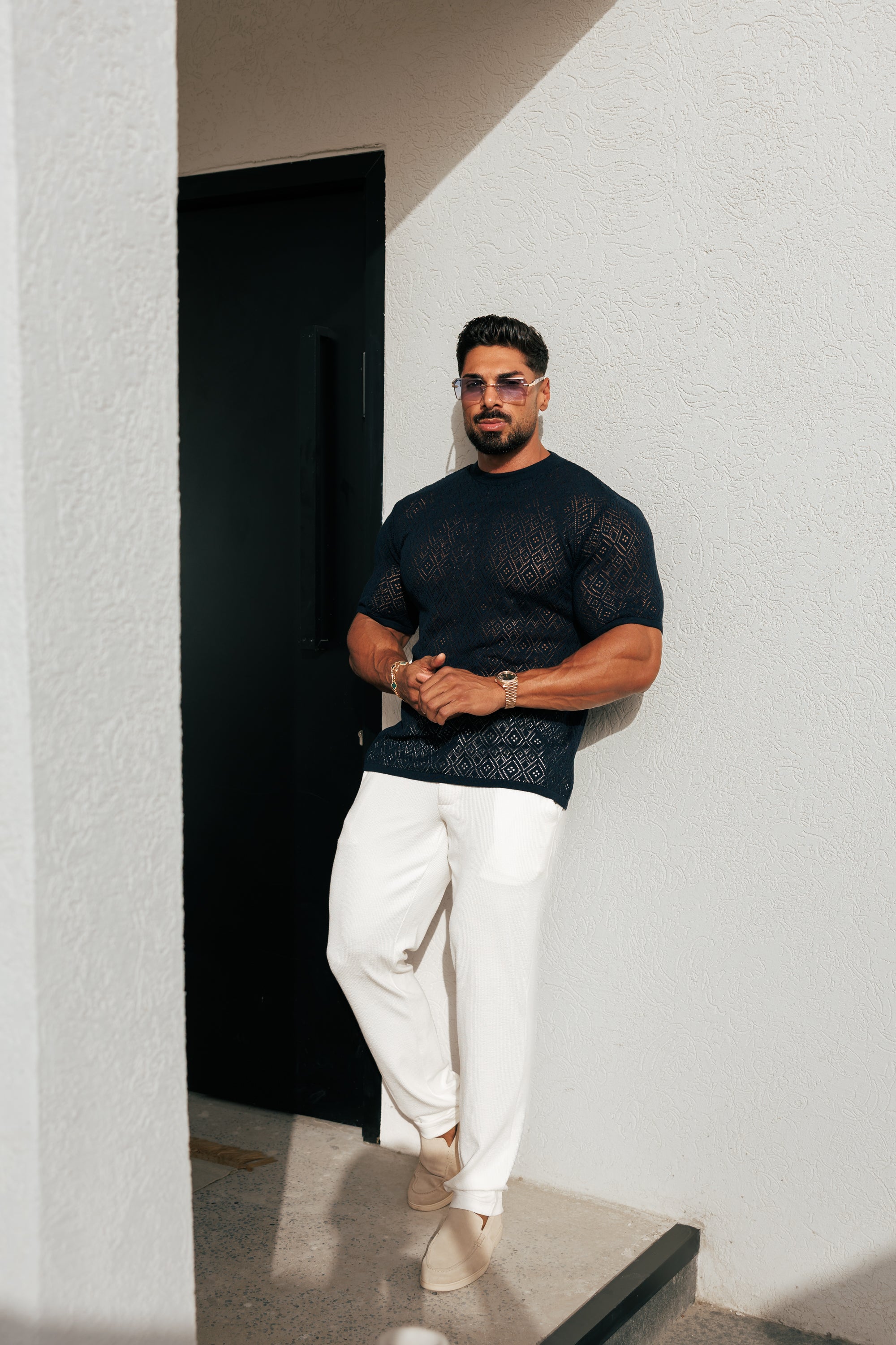 Crochet Crew T-Shirt Navy Short Sleeve - FSJ090