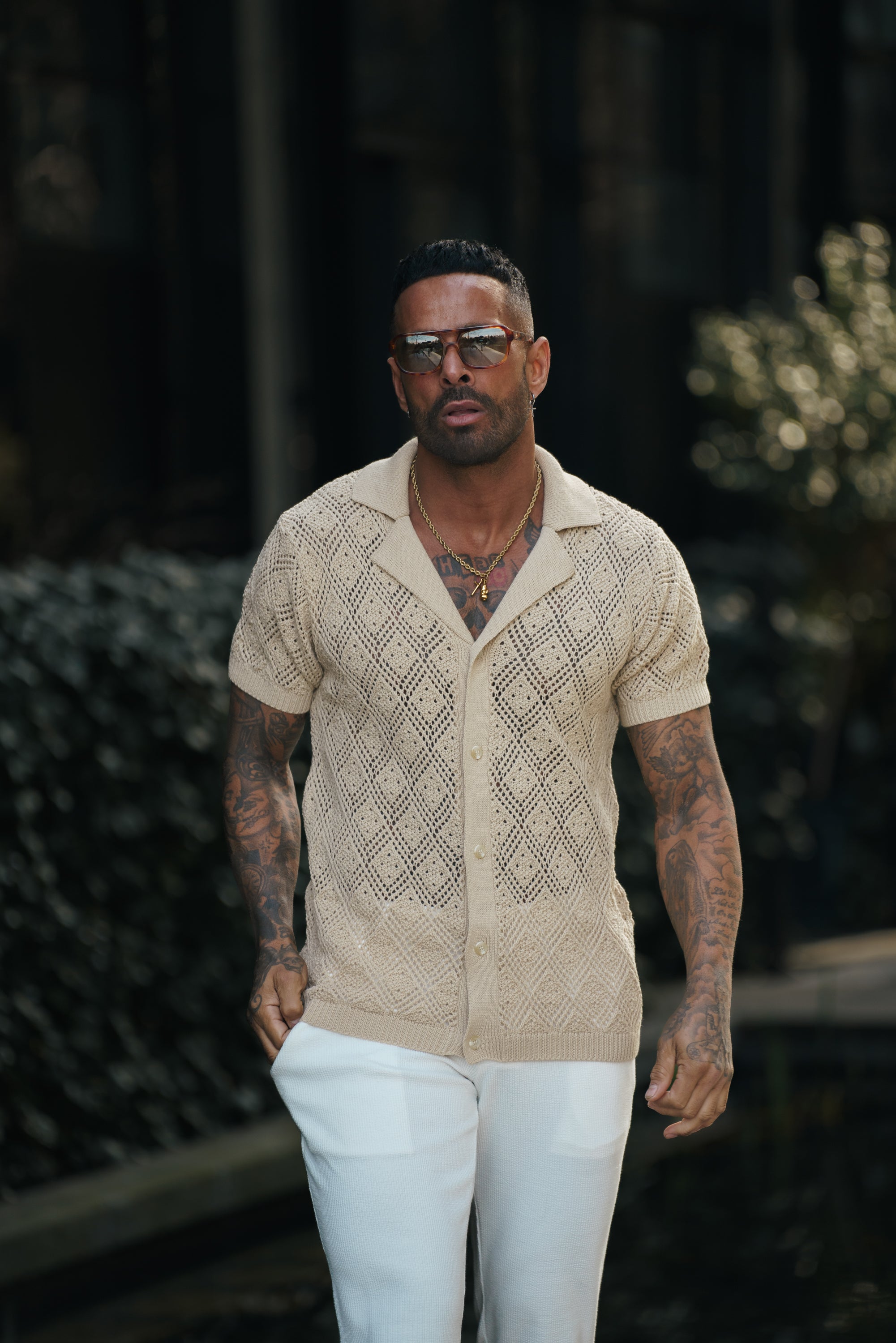 Crochet Shirt Honesty Beige Short Sleeve - FSJ076