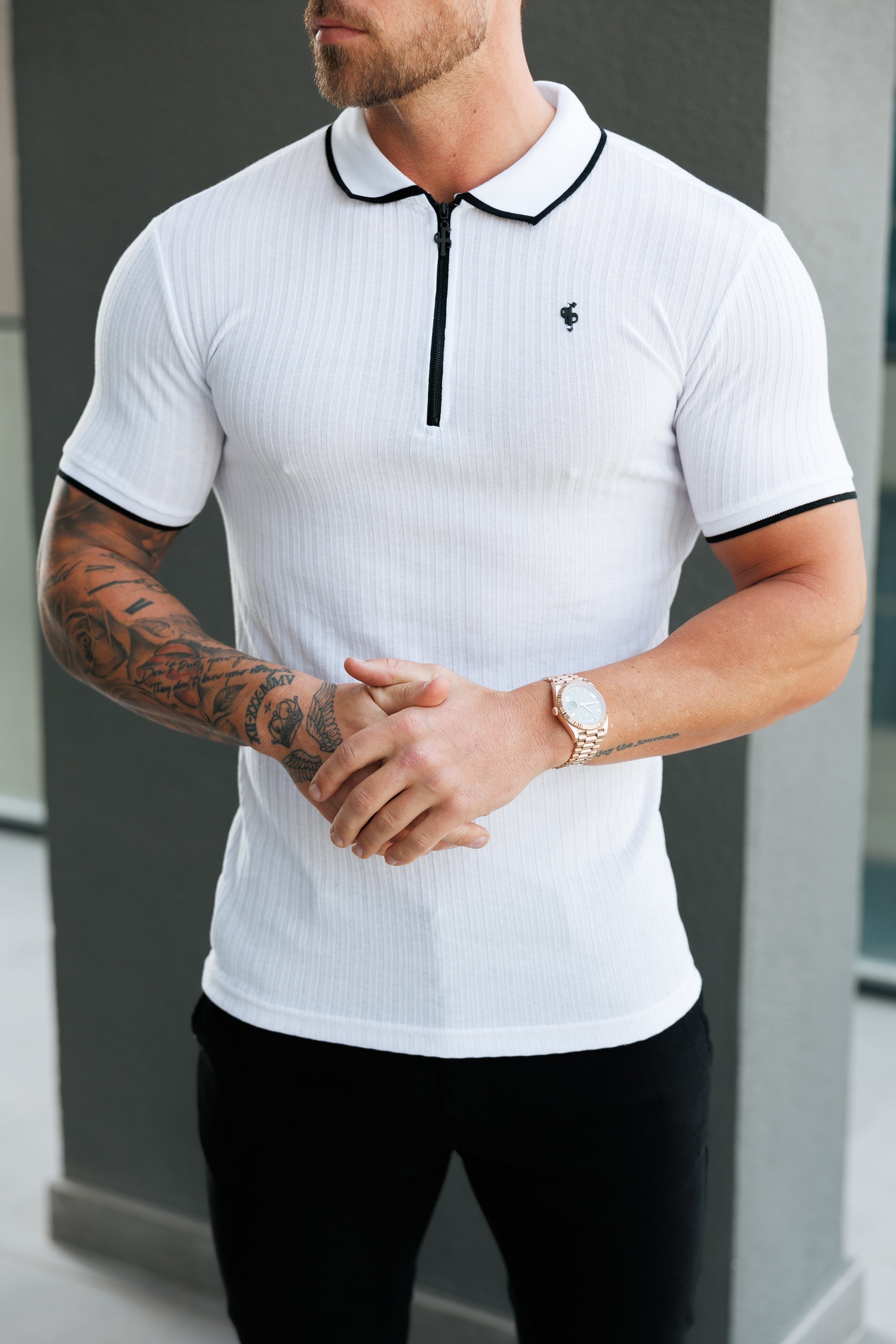 Classic White Ribbed Zip Polo with Contrast Short Sleeve - FSH1102