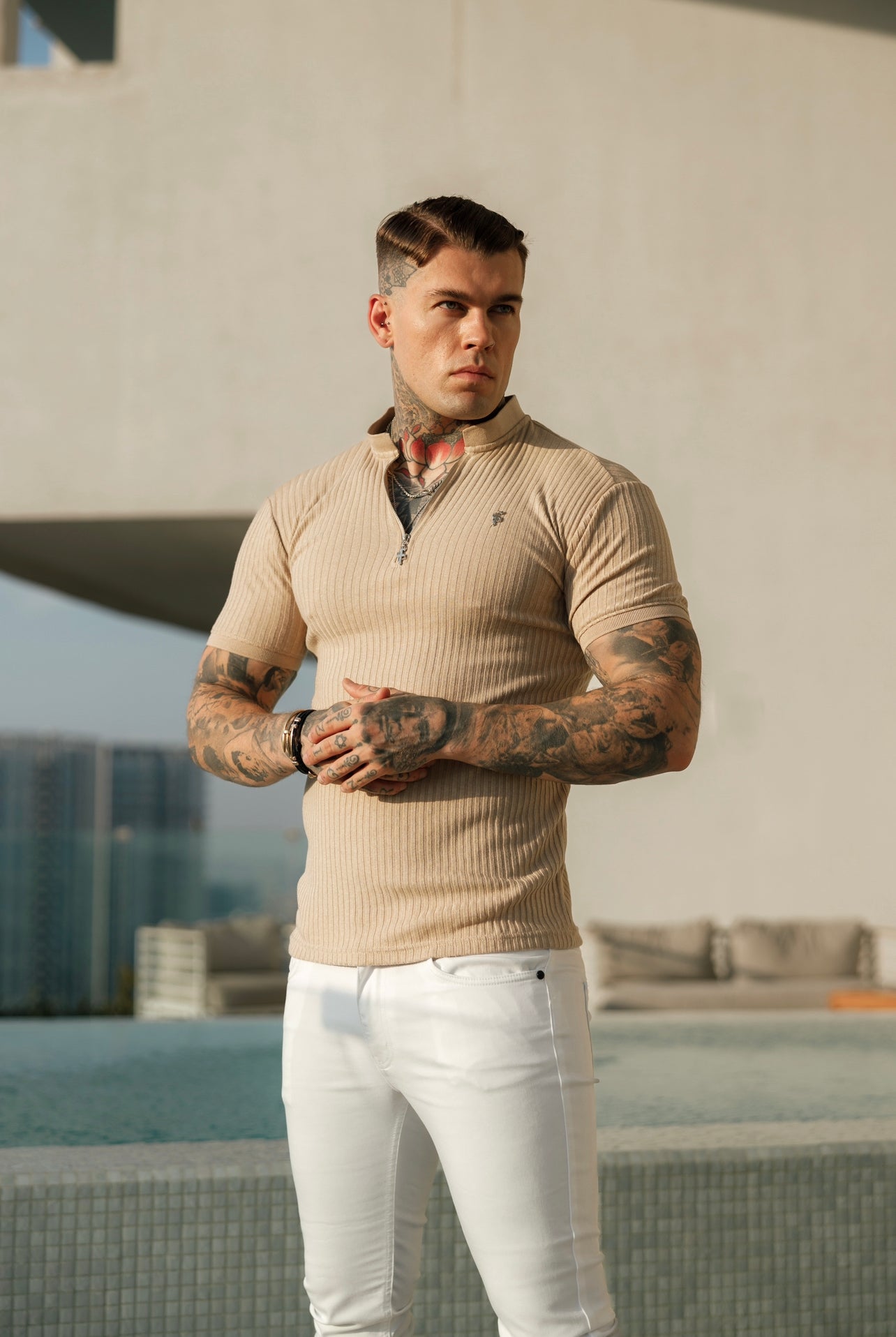 Classic Beige / Beige Ribbed Silver Zip Grandad Collar Shirt Short Sleeve - FSH916