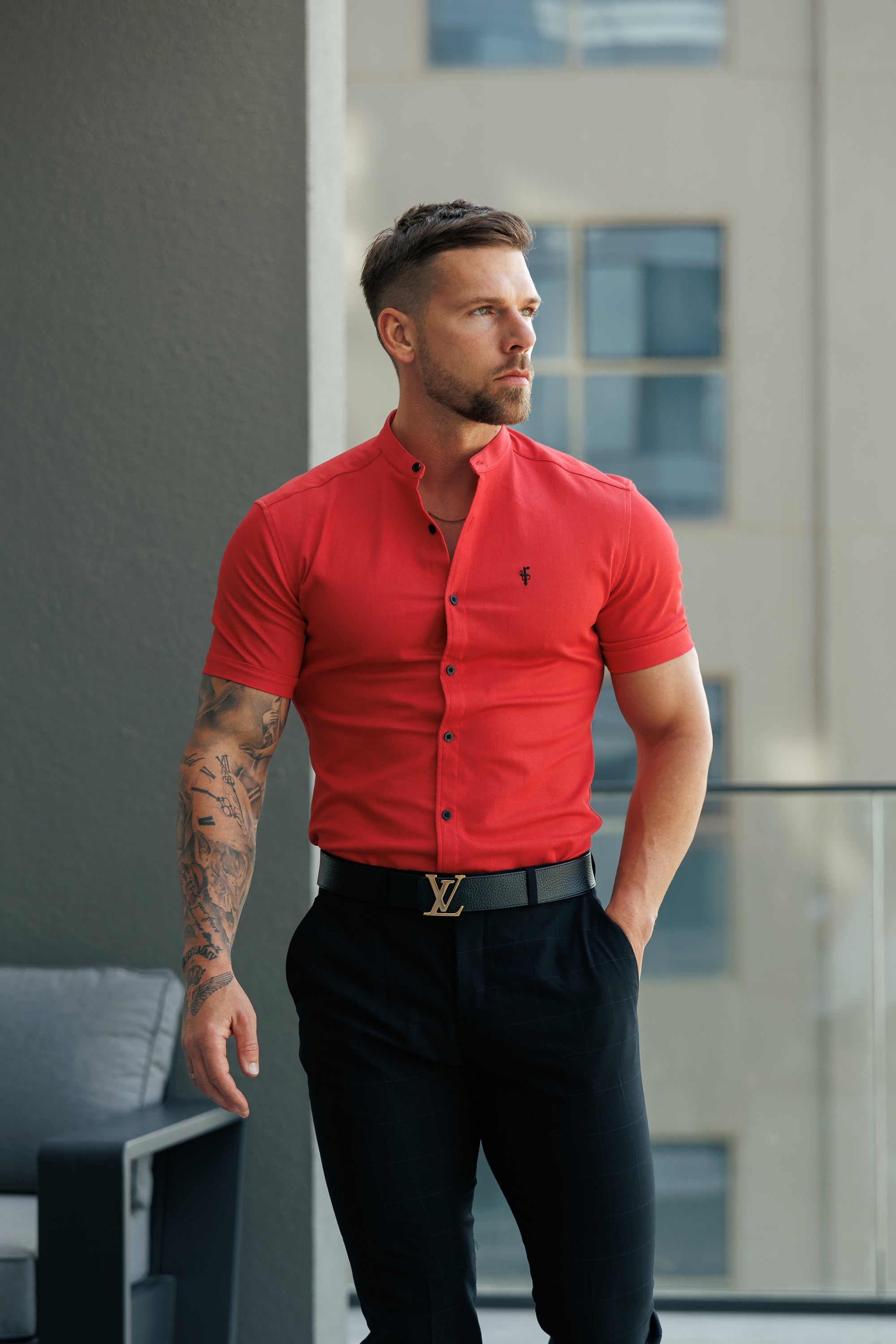 Super Slim Stretch Postbox Red Denim Short Sleeve with Grandad Collar - FS1141
