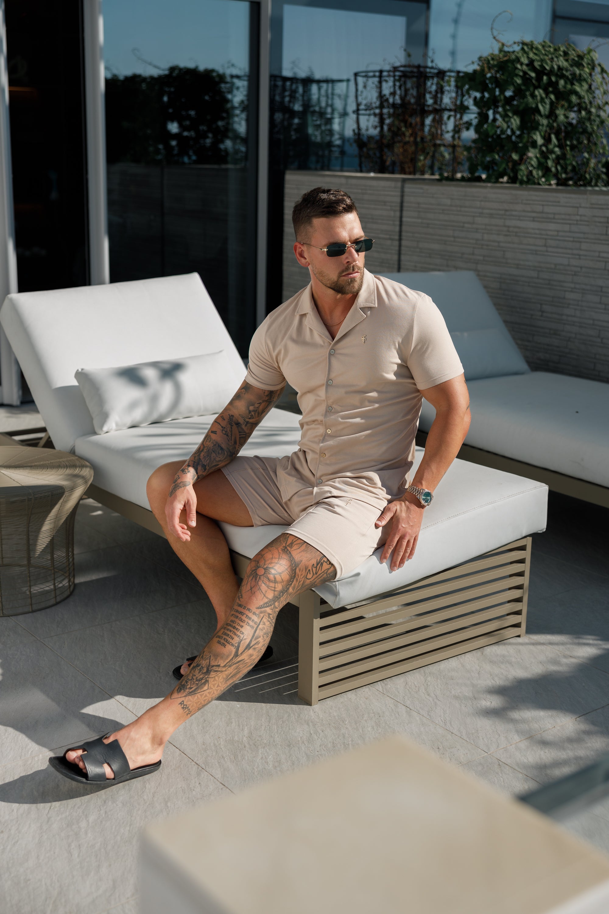 Stretch Beige / Gold Pique Revere Shirt Short Sleeve - FSH1075
