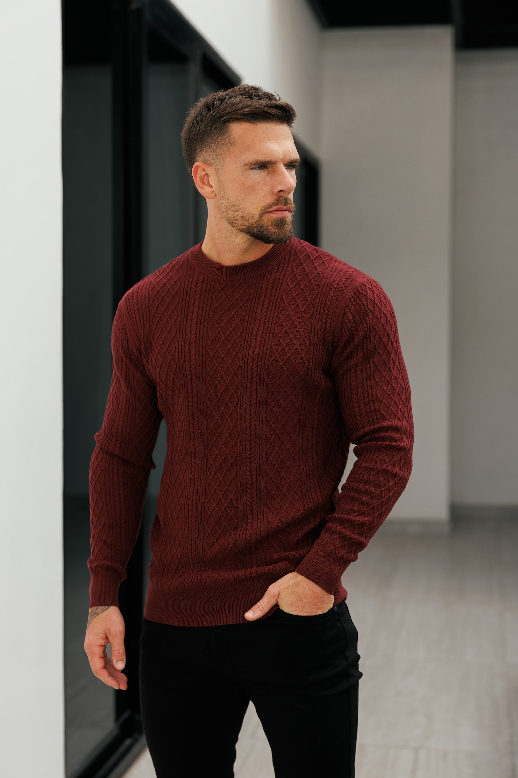 Fine Knit Diamond Burgundy Jumper Long Sleeve - FSA008