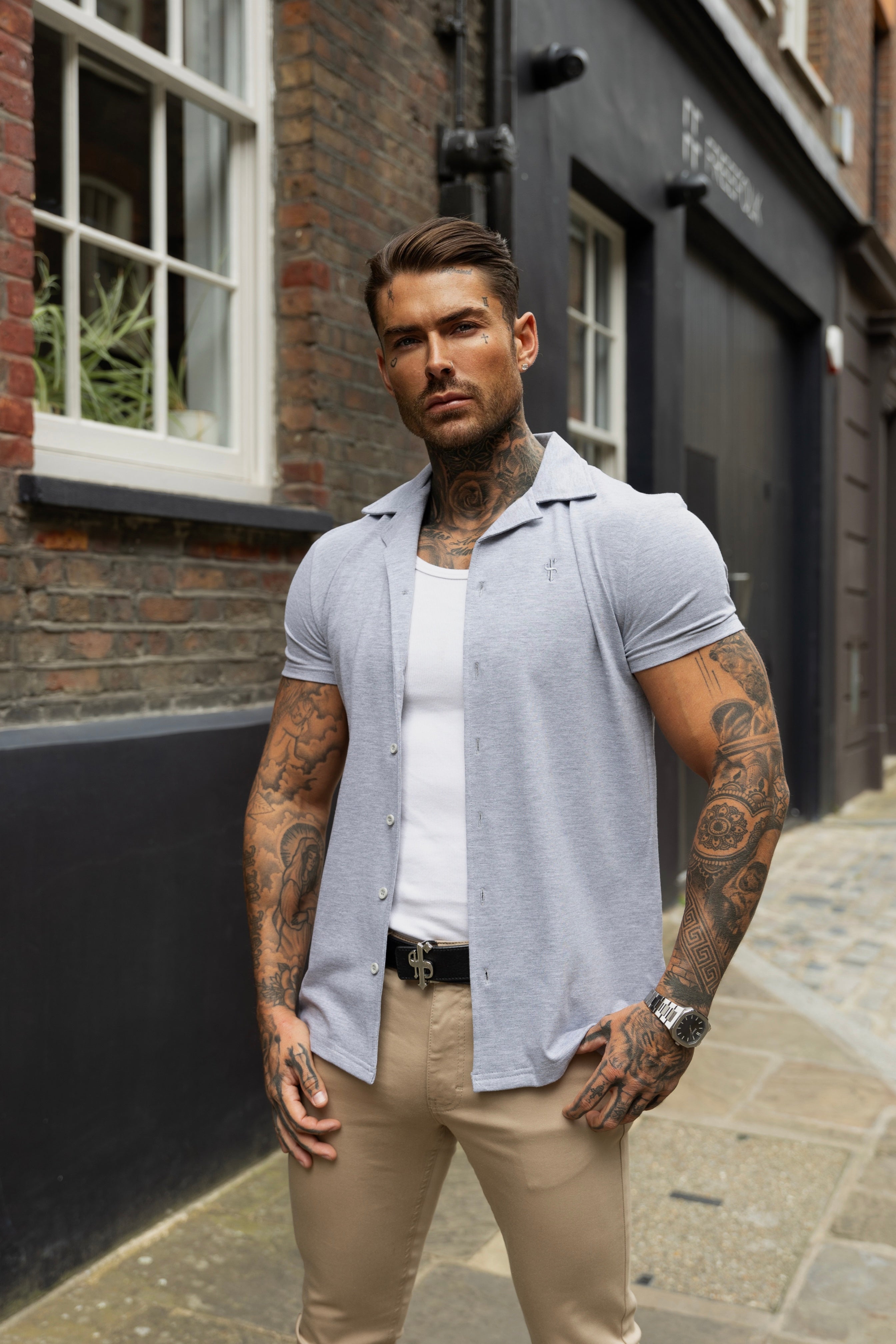 Stretch Light Grey Pique Revere Shirt Short Sleeve - FSH1072