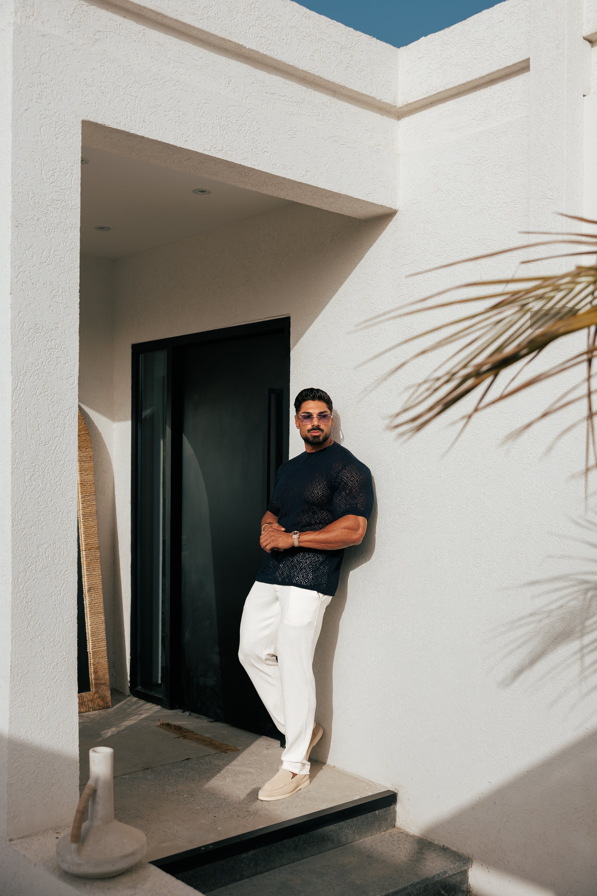 Crochet Crew T-Shirt Navy Short Sleeve - FSJ090