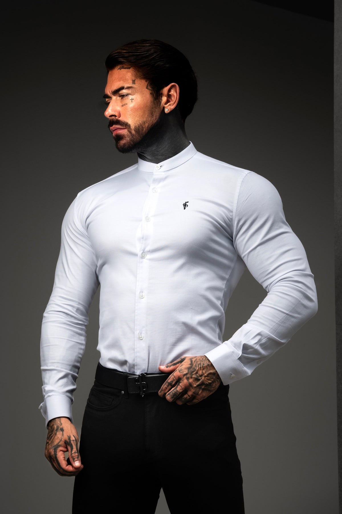 Super Slim Stretch Classic Oxford White Grandad Collar With Black Embroidery - FS732BLK