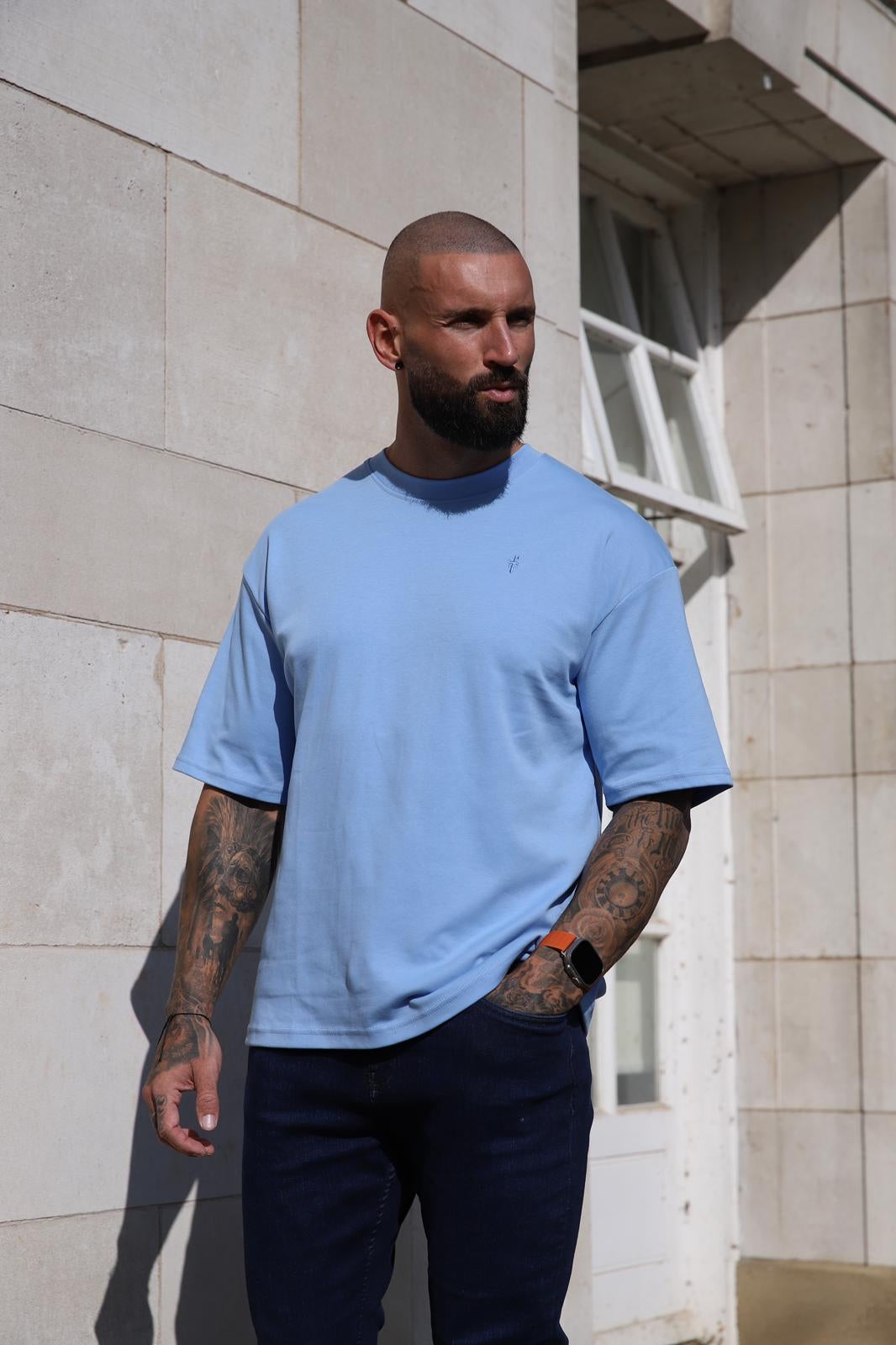Classic Light Blue Oversized Crew T Shirt - FSH872