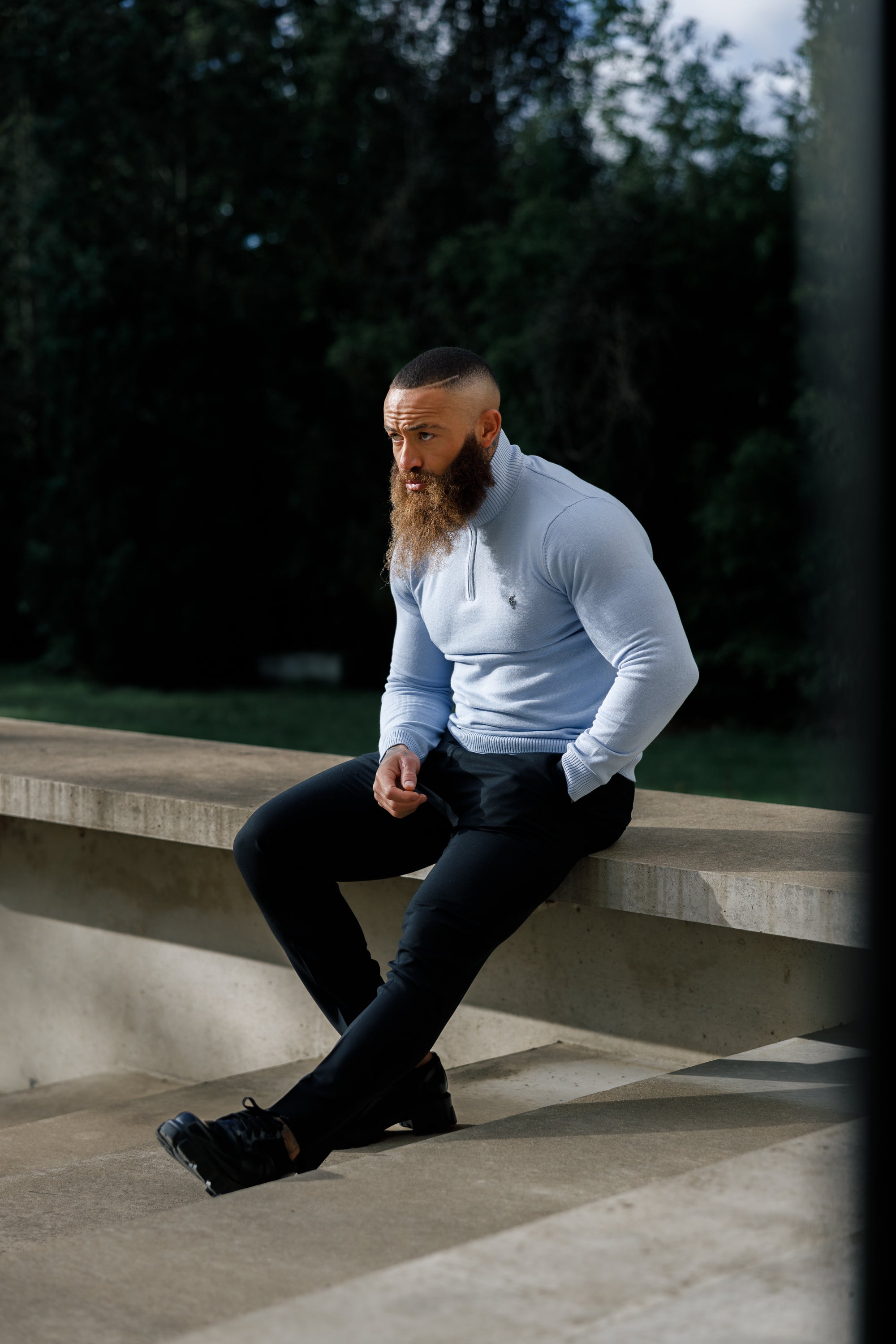 Light Blue Funnel Neck 1/2 Zip Knitted Jumper - FSN119