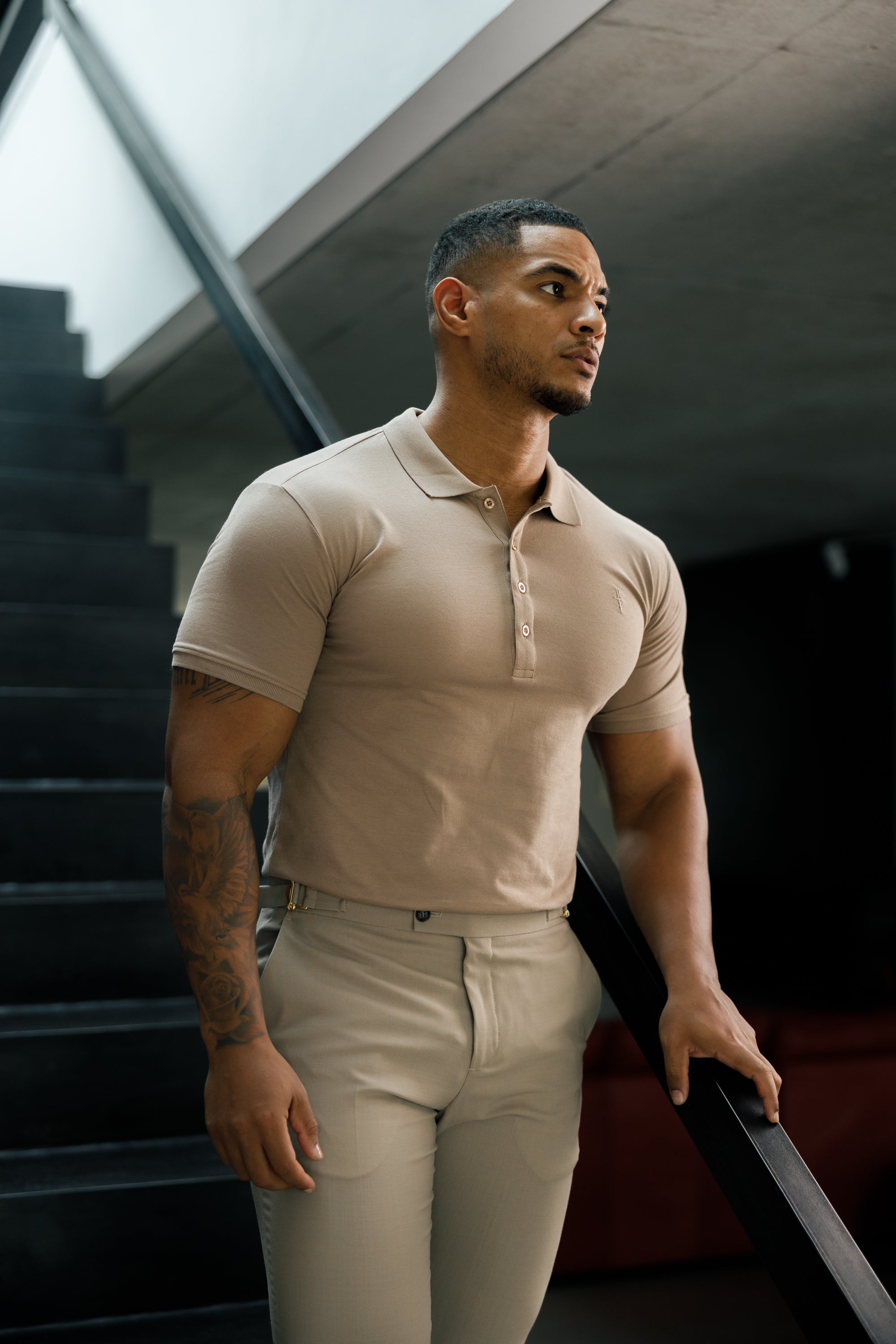 Classic Taupe Polo Shirt with Tonal Button and Embroidery - FSH913