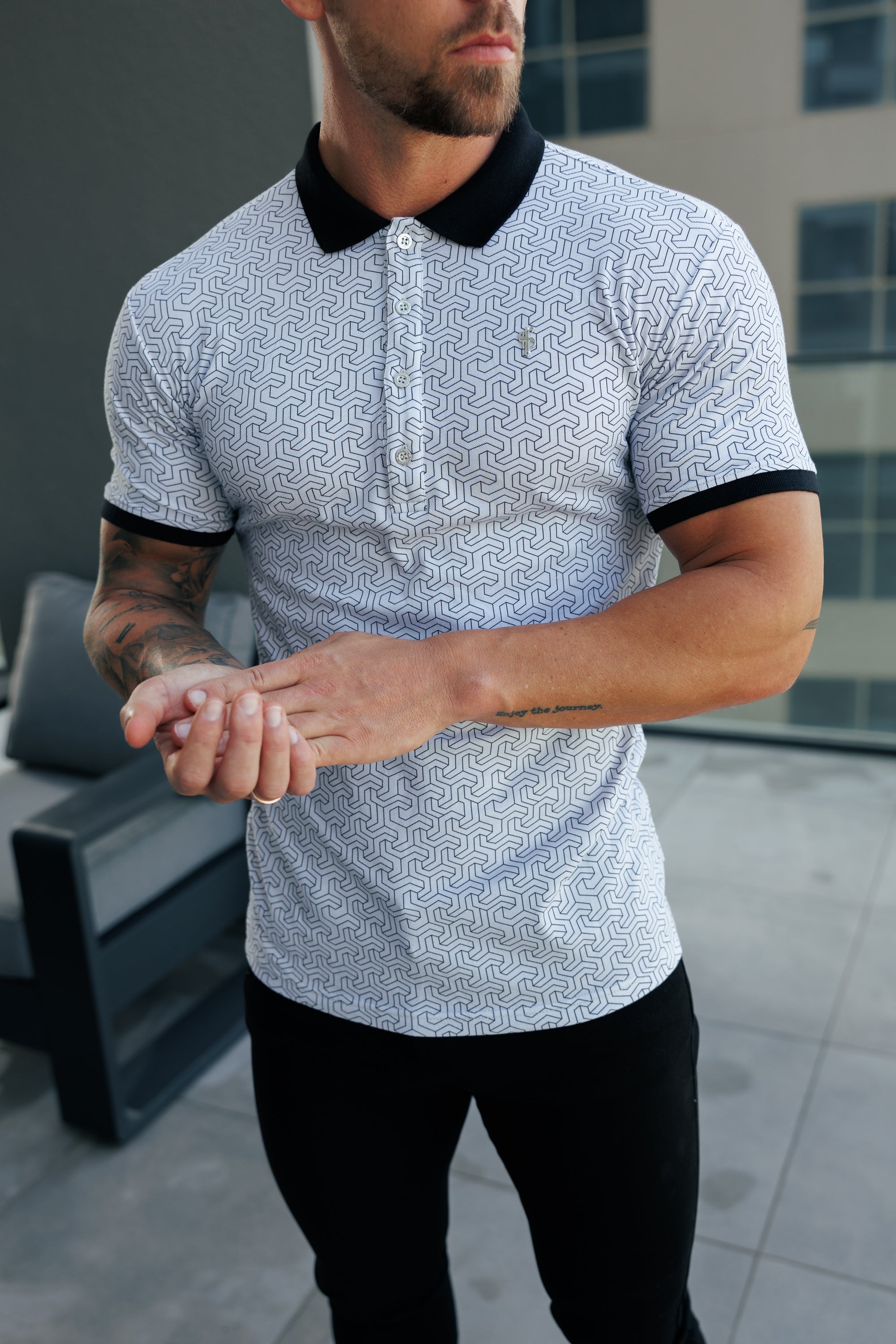 Grey / Black Geo Printed Polo Shirt - FSH1236