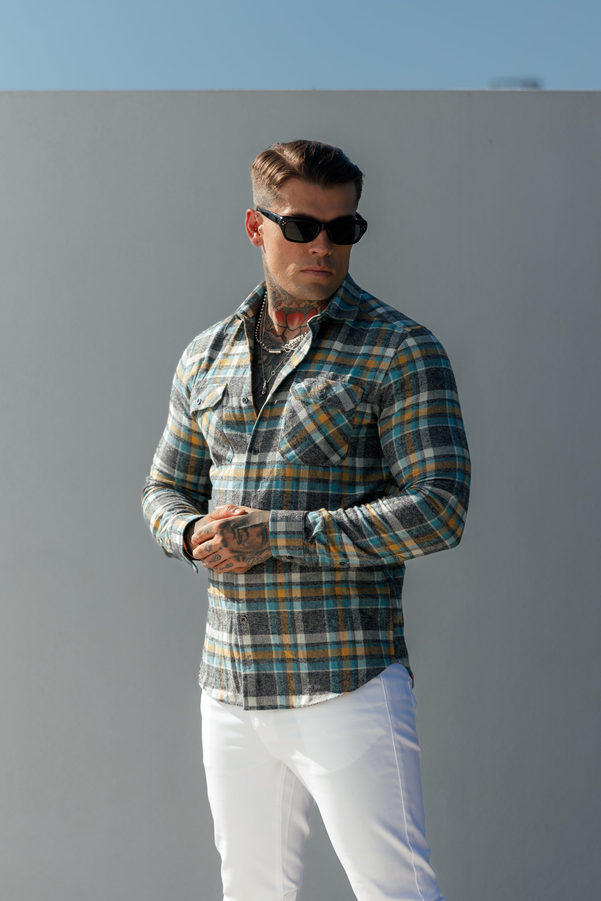 Aqua / Yellow Check Shacket With Double Pockets - FS1073