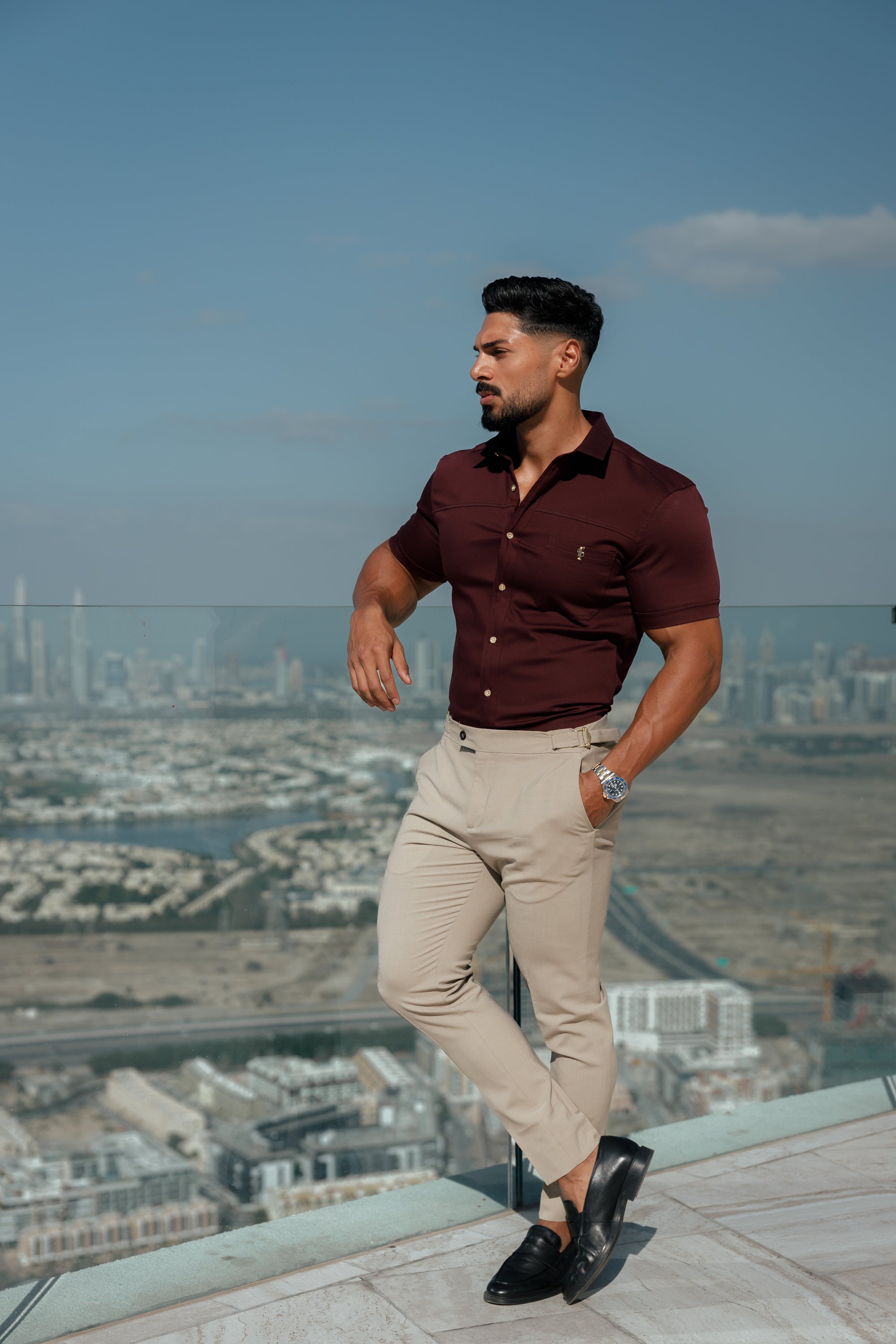 Super Slim Stretch Burgundy Denim Short Sleeve with Horizontal Seam and Pocket- FS961