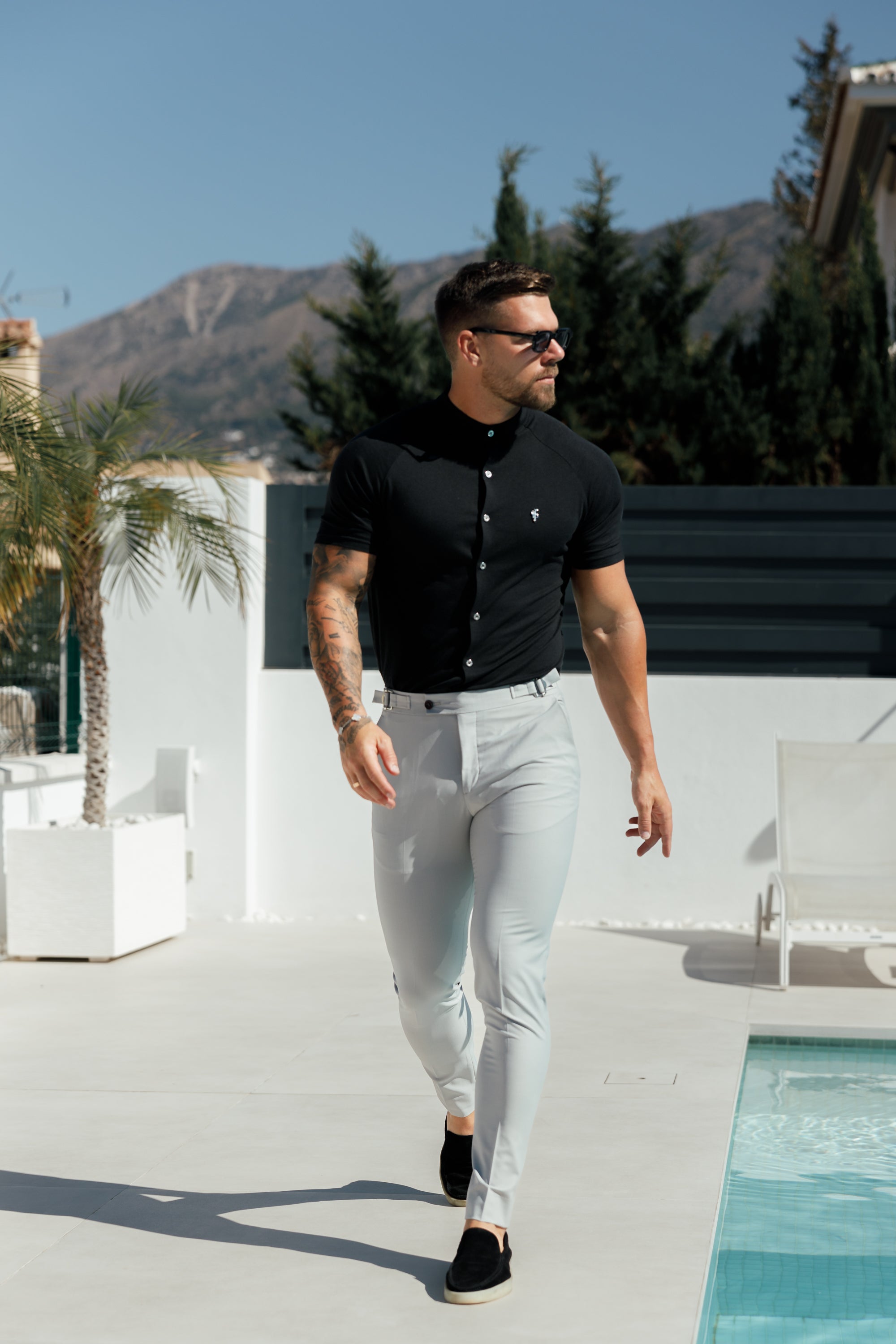 Slim Bamboo Raglan Grandad Collar Black Short Sleeve - FSH1165