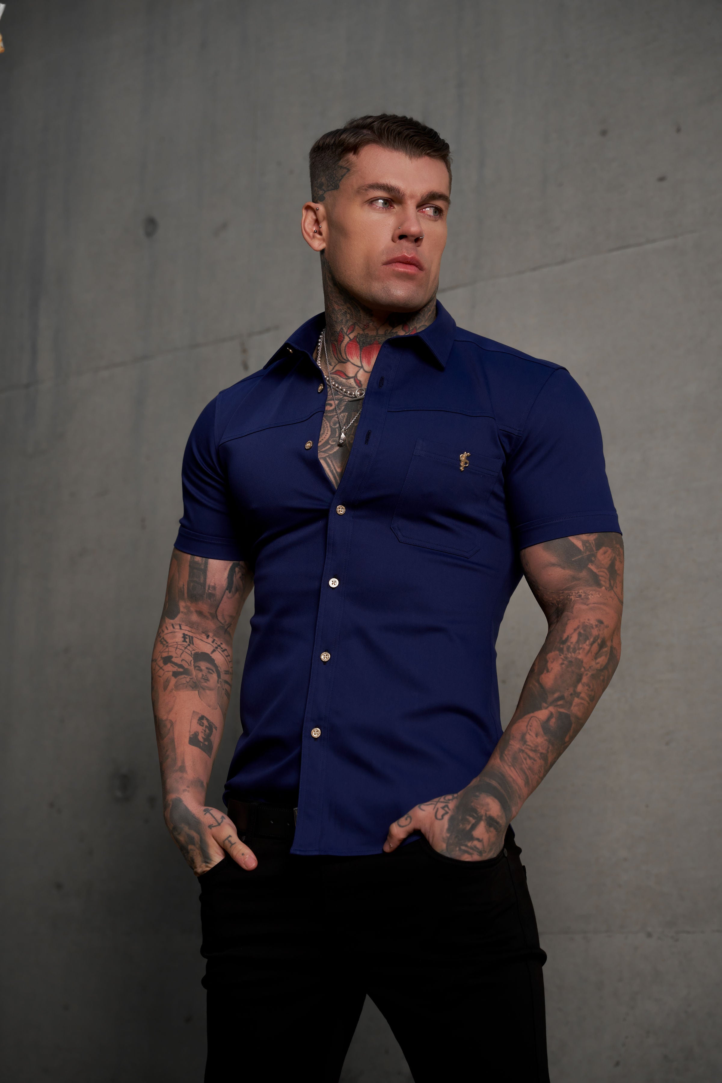 Super Slim Stretch Navy Denim Short Sleeve with Horizontal Seam and Pocket- FS959