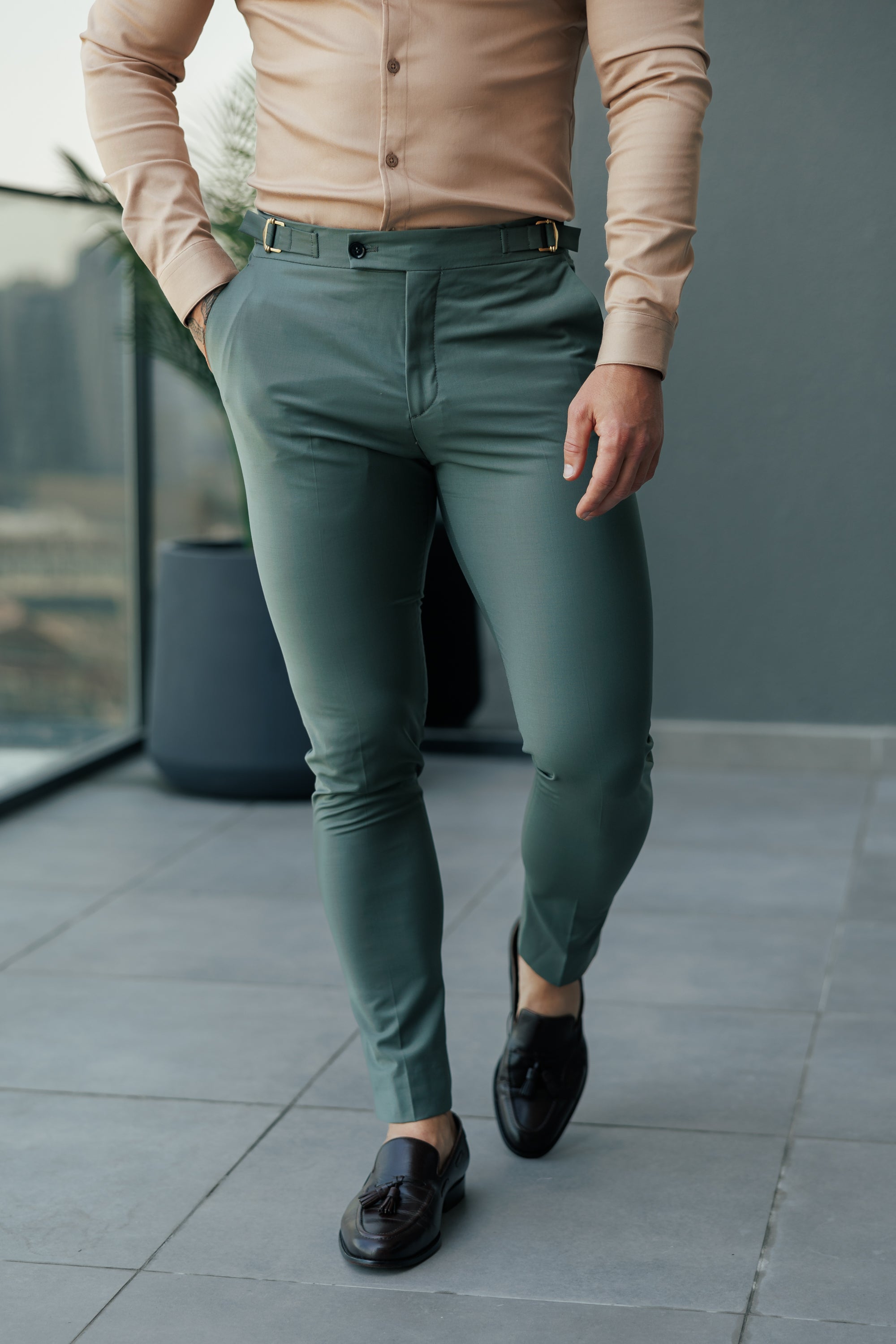 Slim Formal Khaki Stretch Trousers with Side Adjusters - FST026