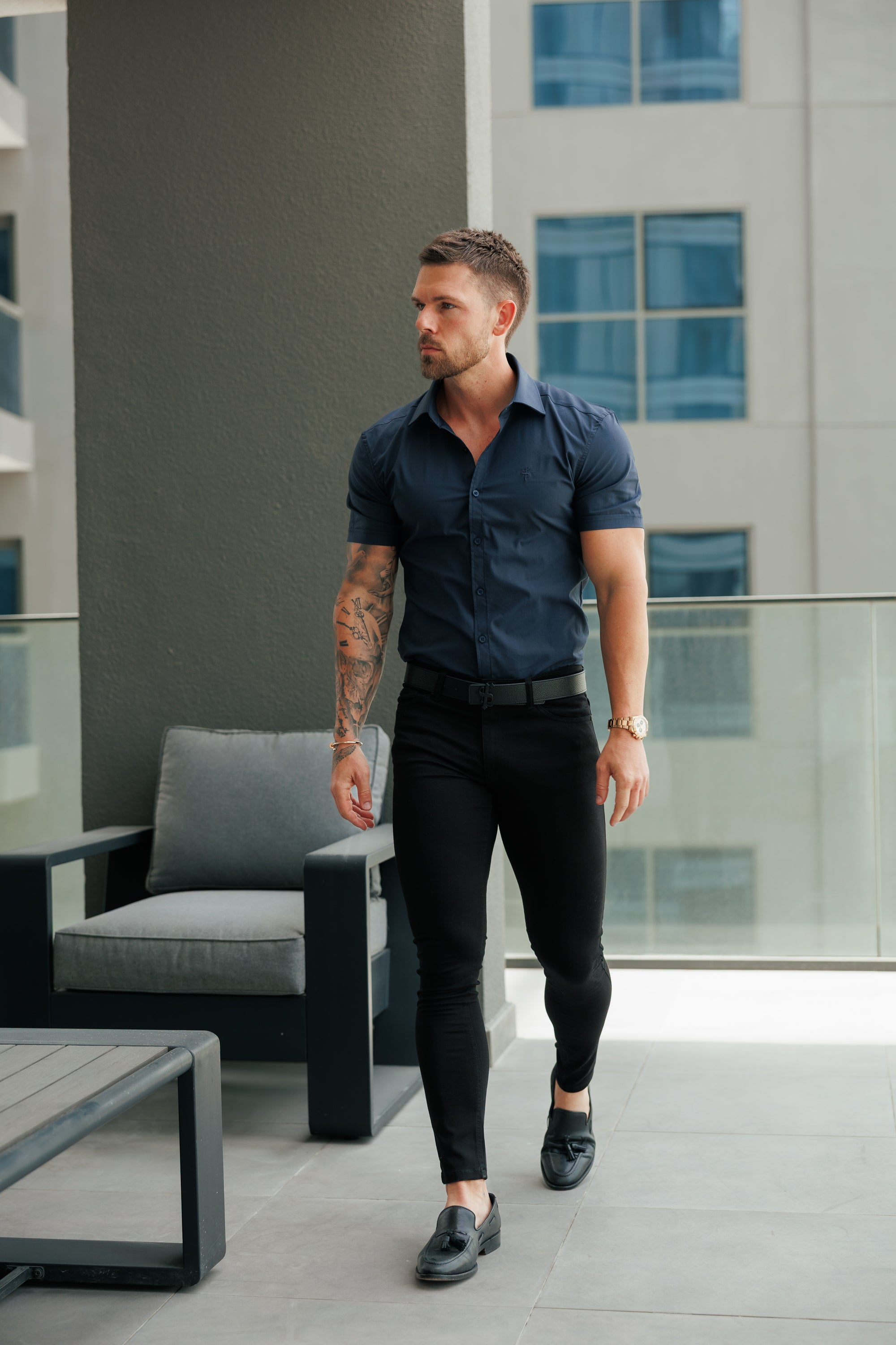 Muscle Fit Advanced Stretch Navy Short Sleeve with Cutaway Collar - FS1163