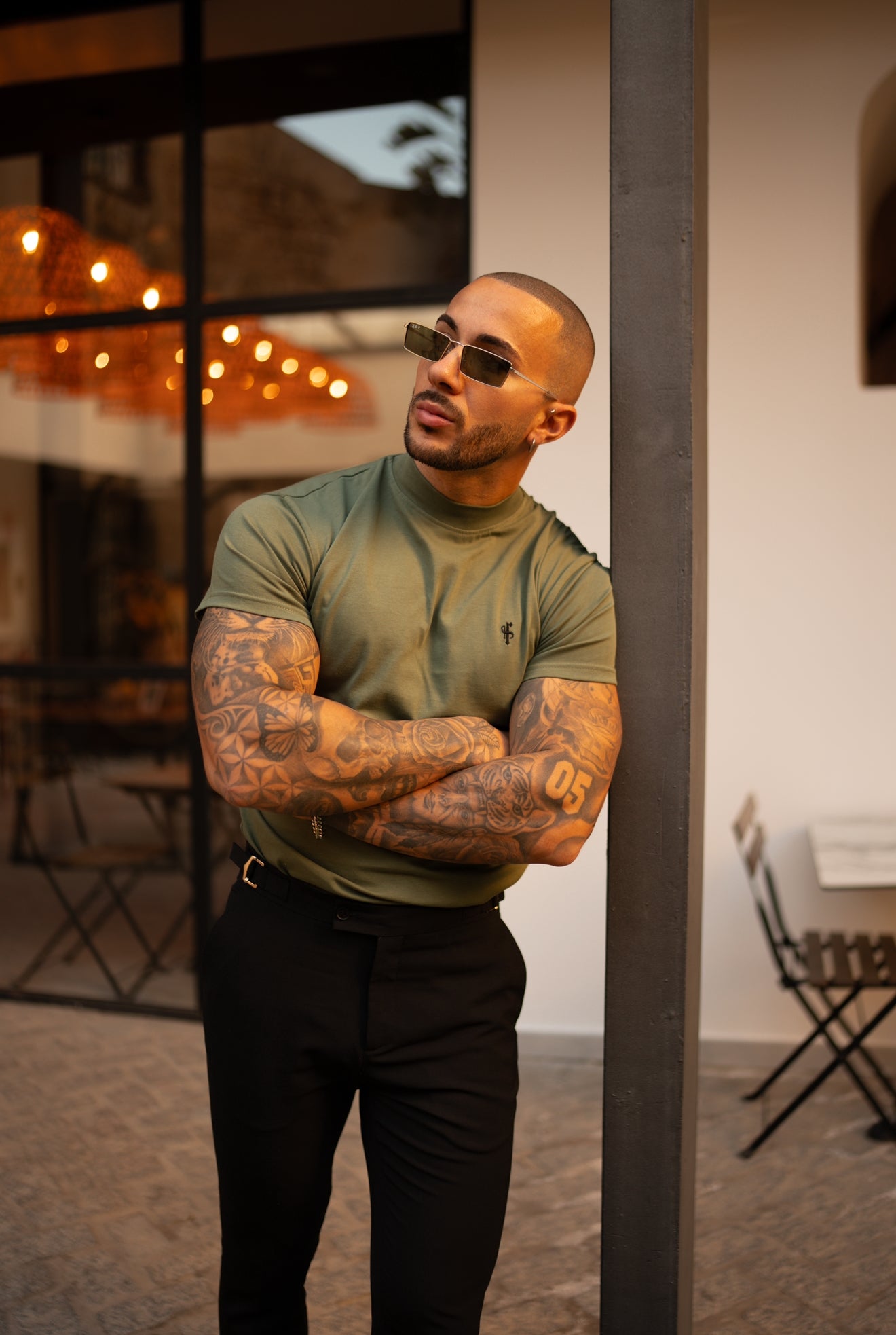 Ribbed High Neck Crew T-Shirt Short Sleeve Khaki / Black - FSH1116