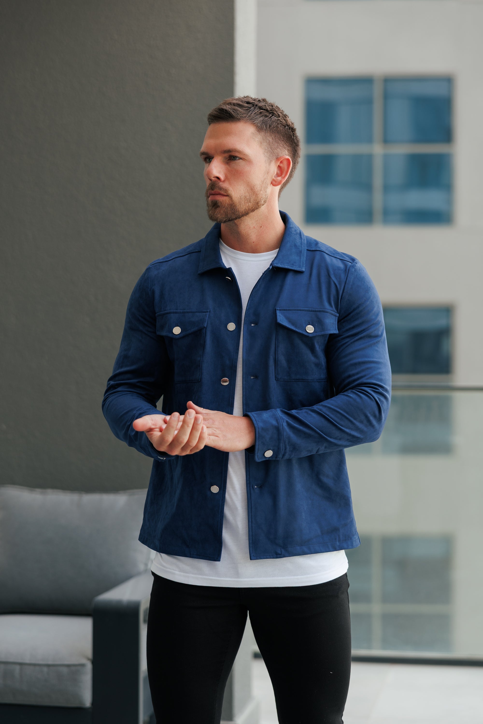 Suede Feel Button Up Jacket Navy / Silver - FSN221