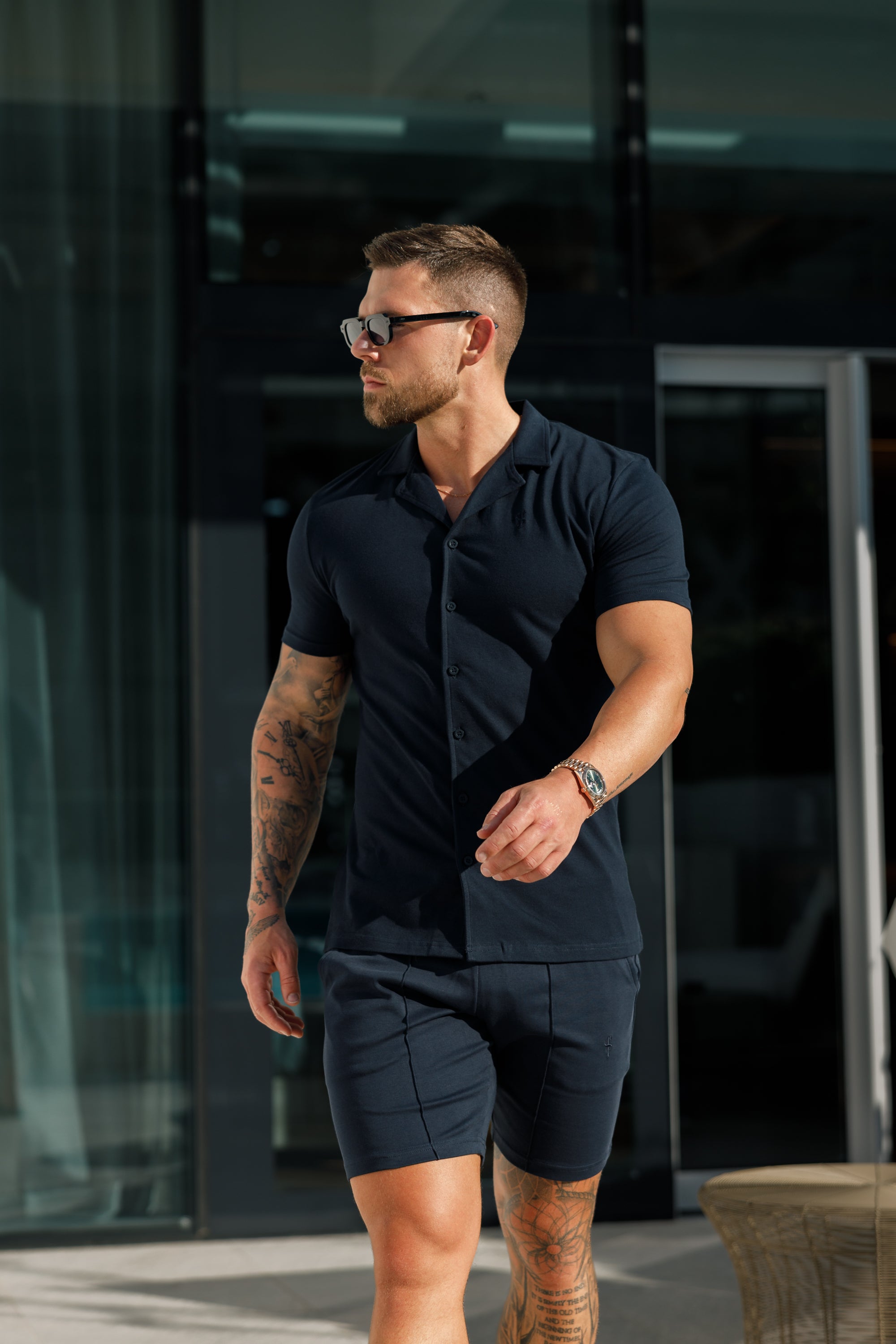Stretch Navy Pique Revere Shirt Short Sleeve - FSH1069