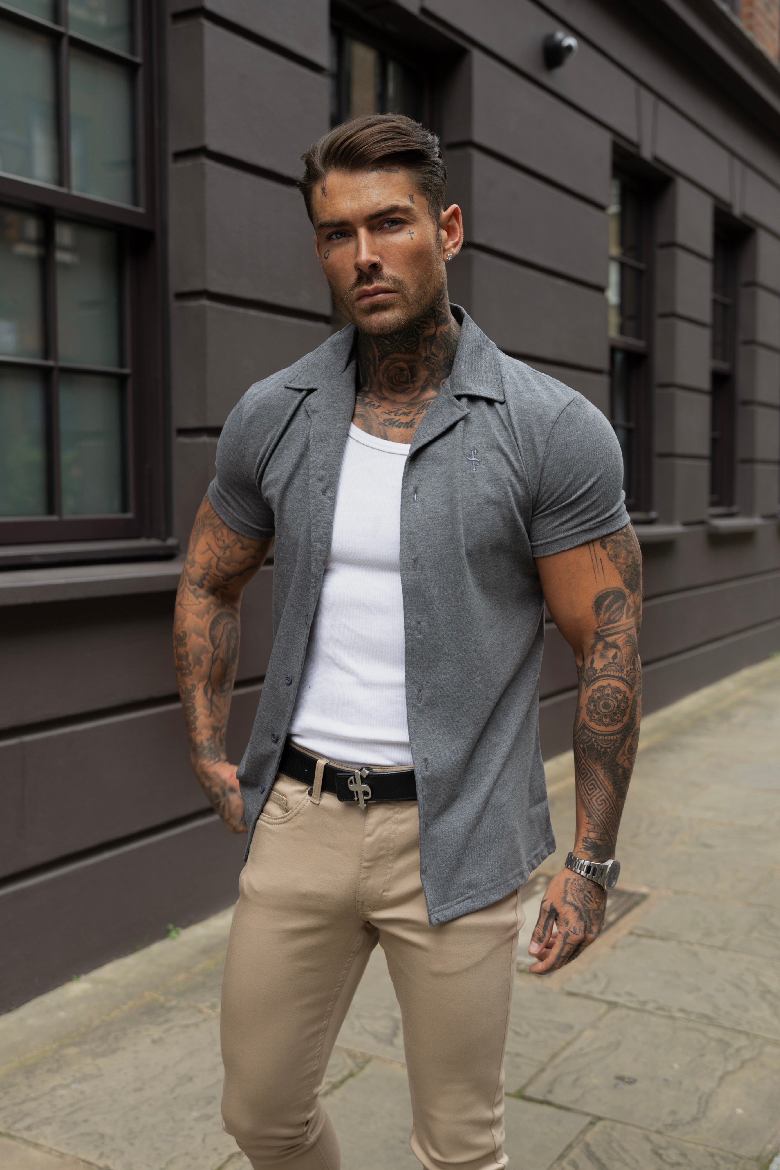 Stretch Dark Grey Pique Revere Shirt Short Sleeve - FSH1073