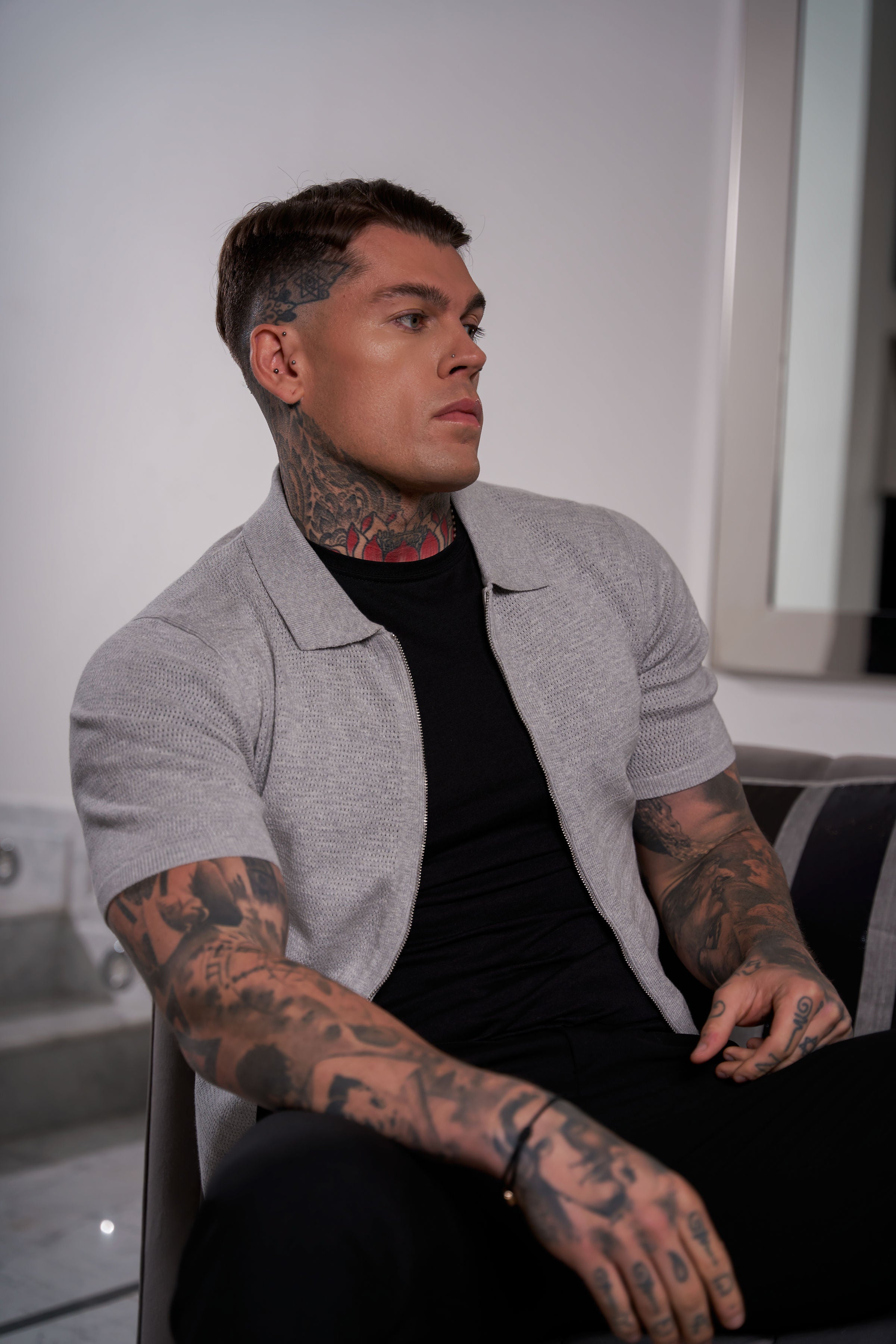 Classic Knitted Textured Design With Full Length Zip Light Grey Short Sleeve - FSN154