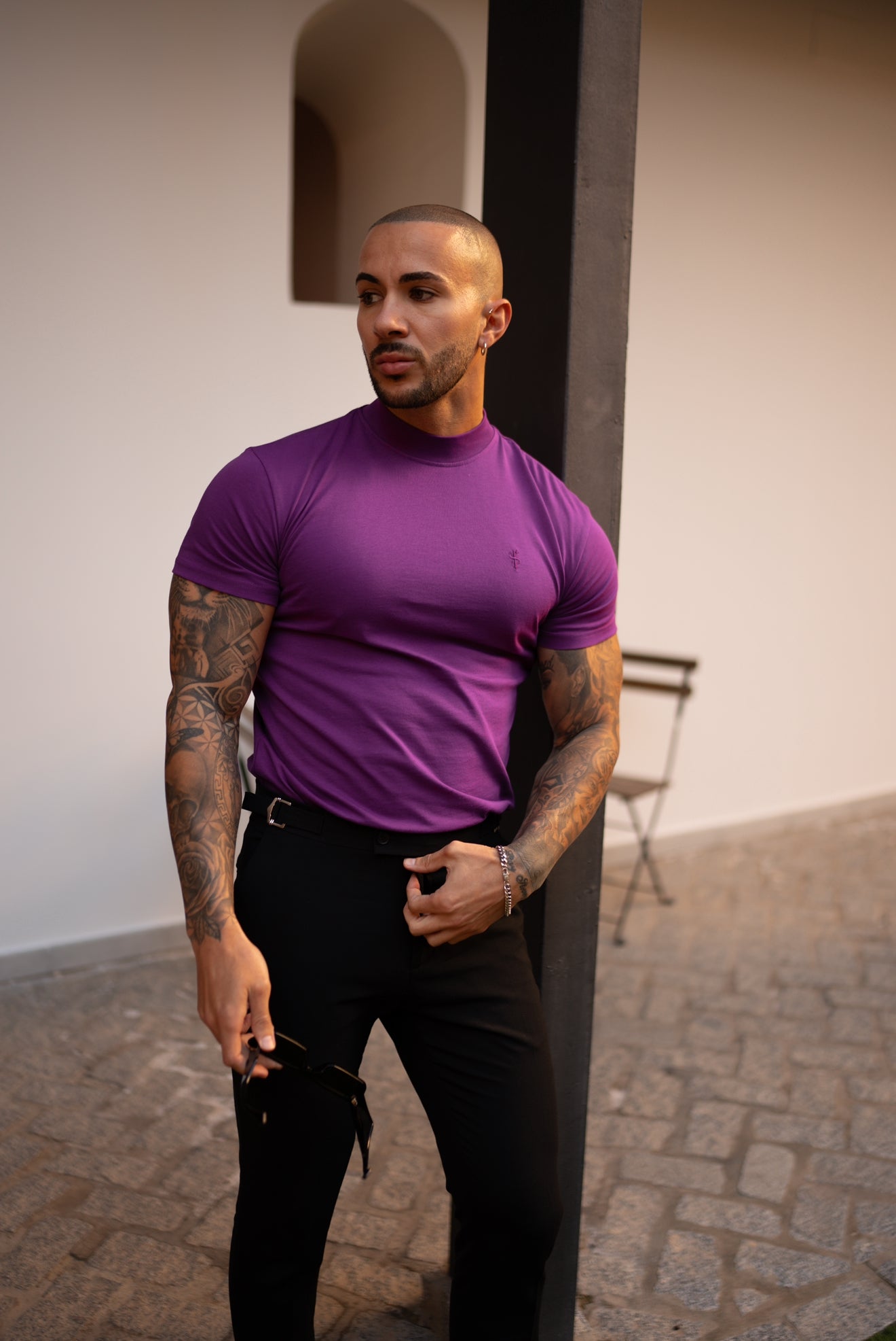 Ribbed High Neck Crew Short Sleeve Purple - FSH1139