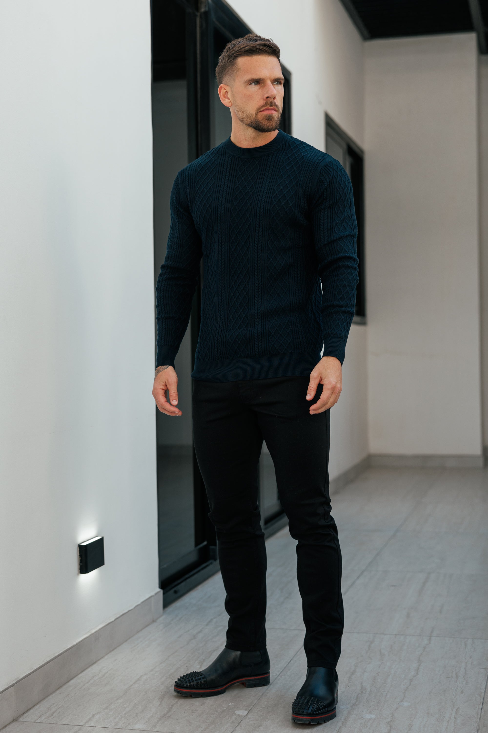 Fine Knit Diamond Navy Jumper Long Sleeve - FSA007