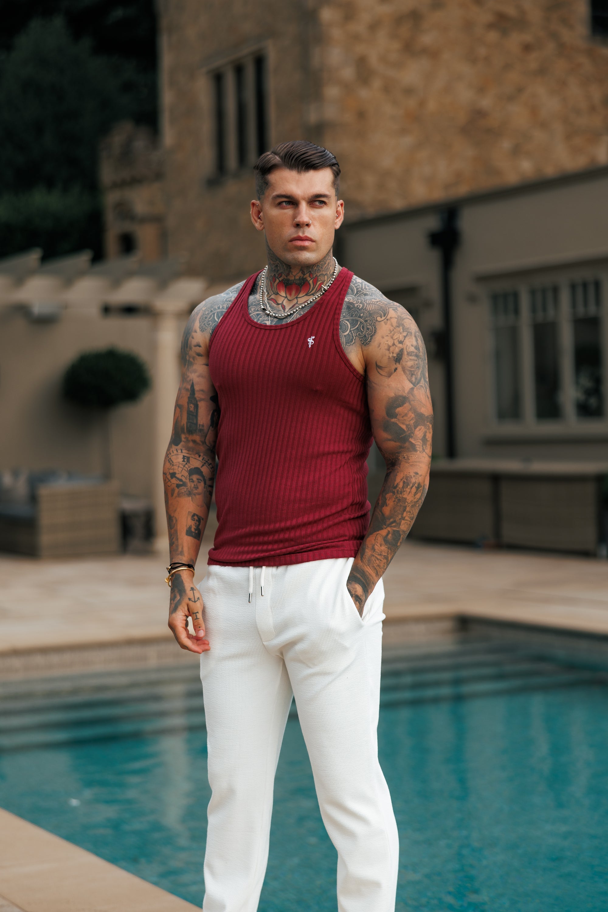 Burgundy / White Ribbed Knit Super Slim Vest - FSH1326