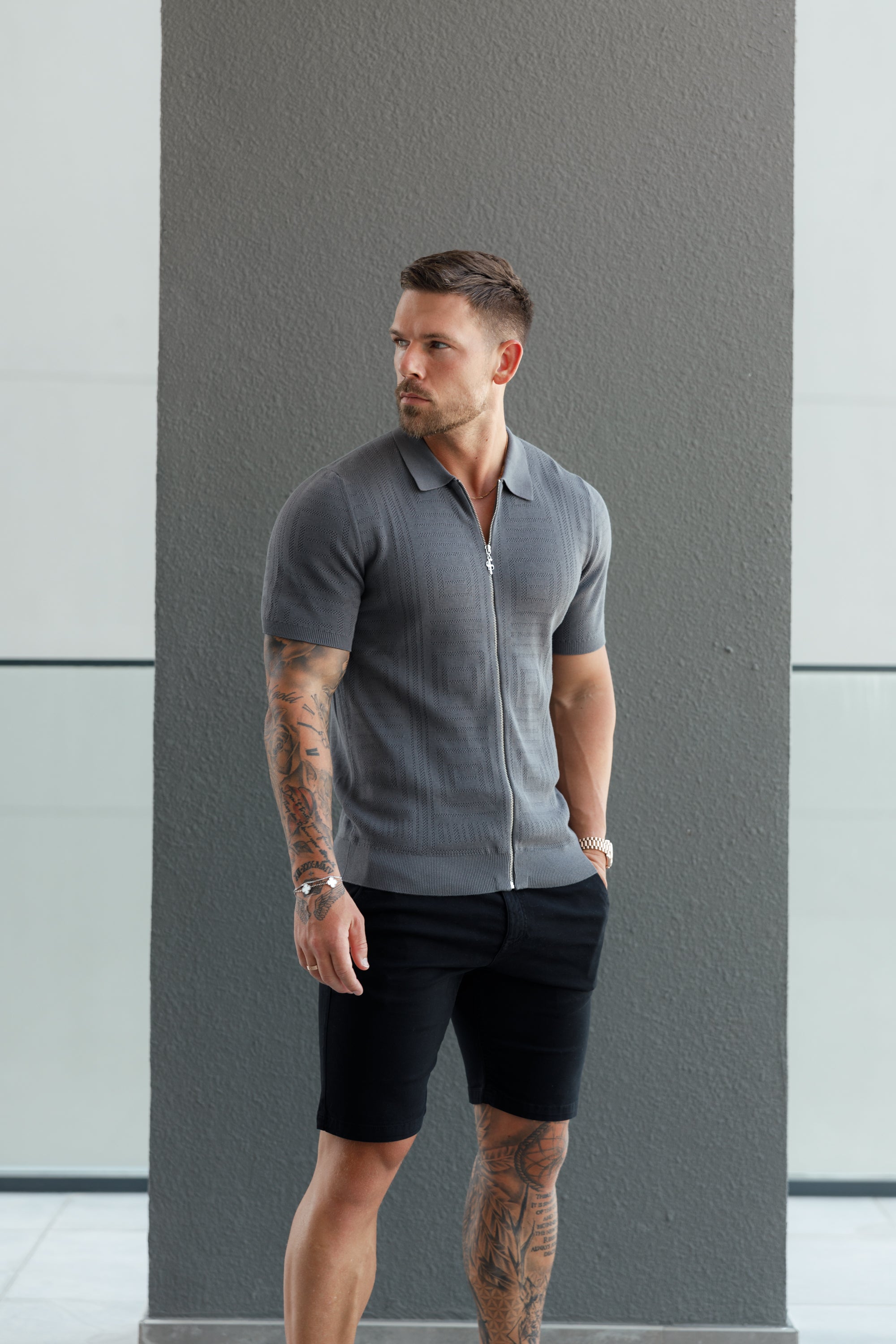 Classic Knitted Geo Design With Full Length Zip Gunmetal Short Sleeve - FSN150