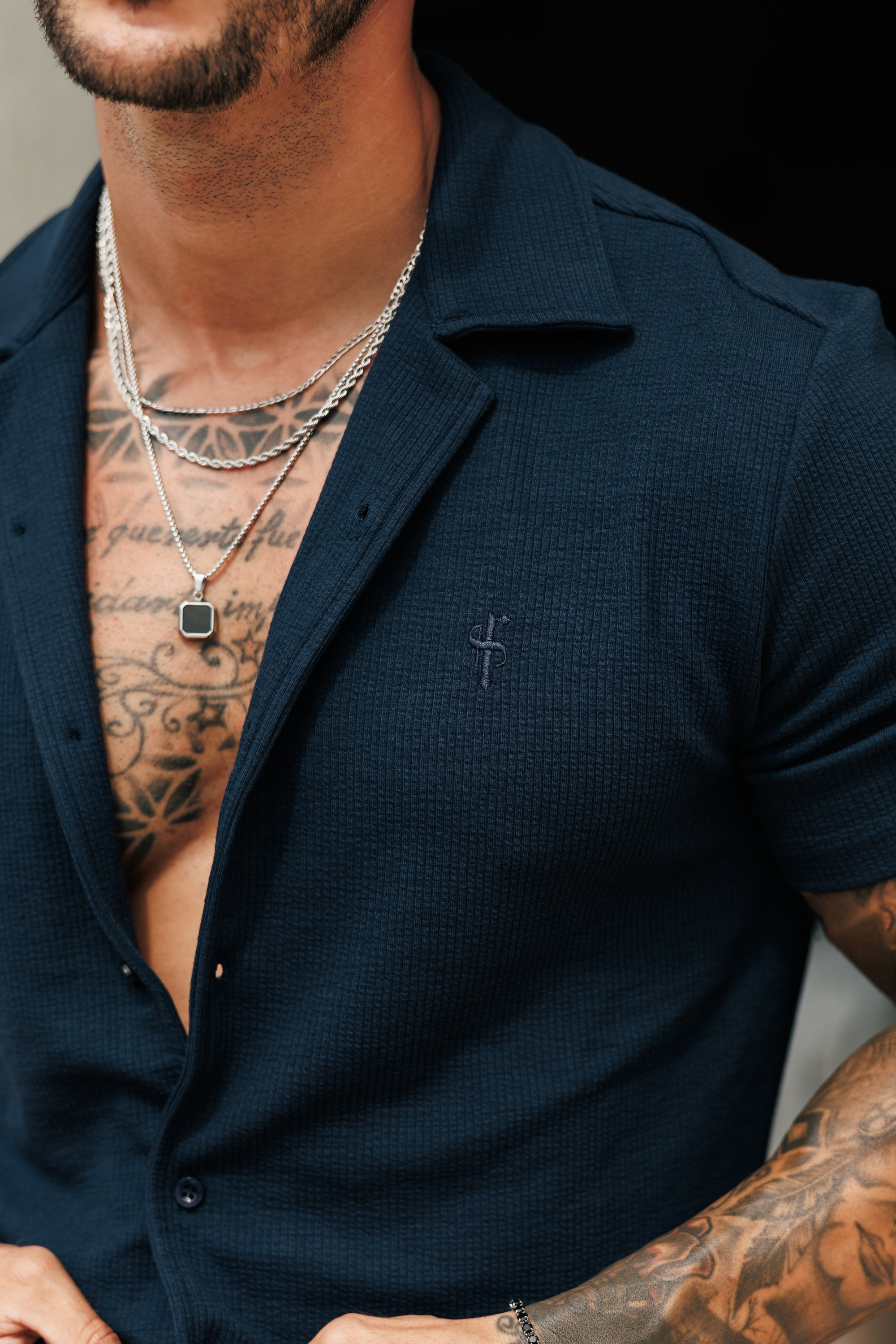 Jersey Cord Stretch Navy Revere Shirt Short Sleeve - FSR071 (PRE ORDER 18TH JULY)