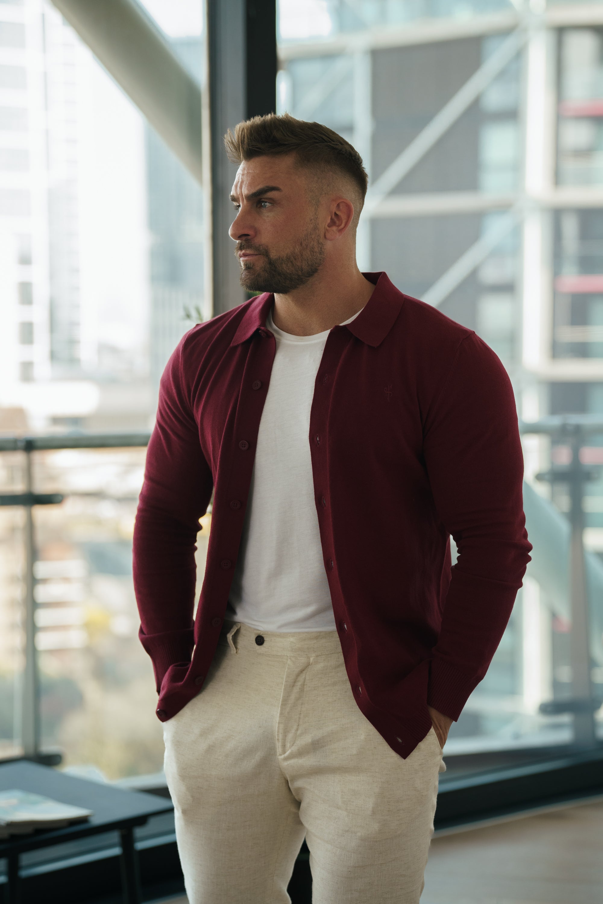 Classic Plain Burgundy Knitted Button Through Polo Long Sleeve - FSN214