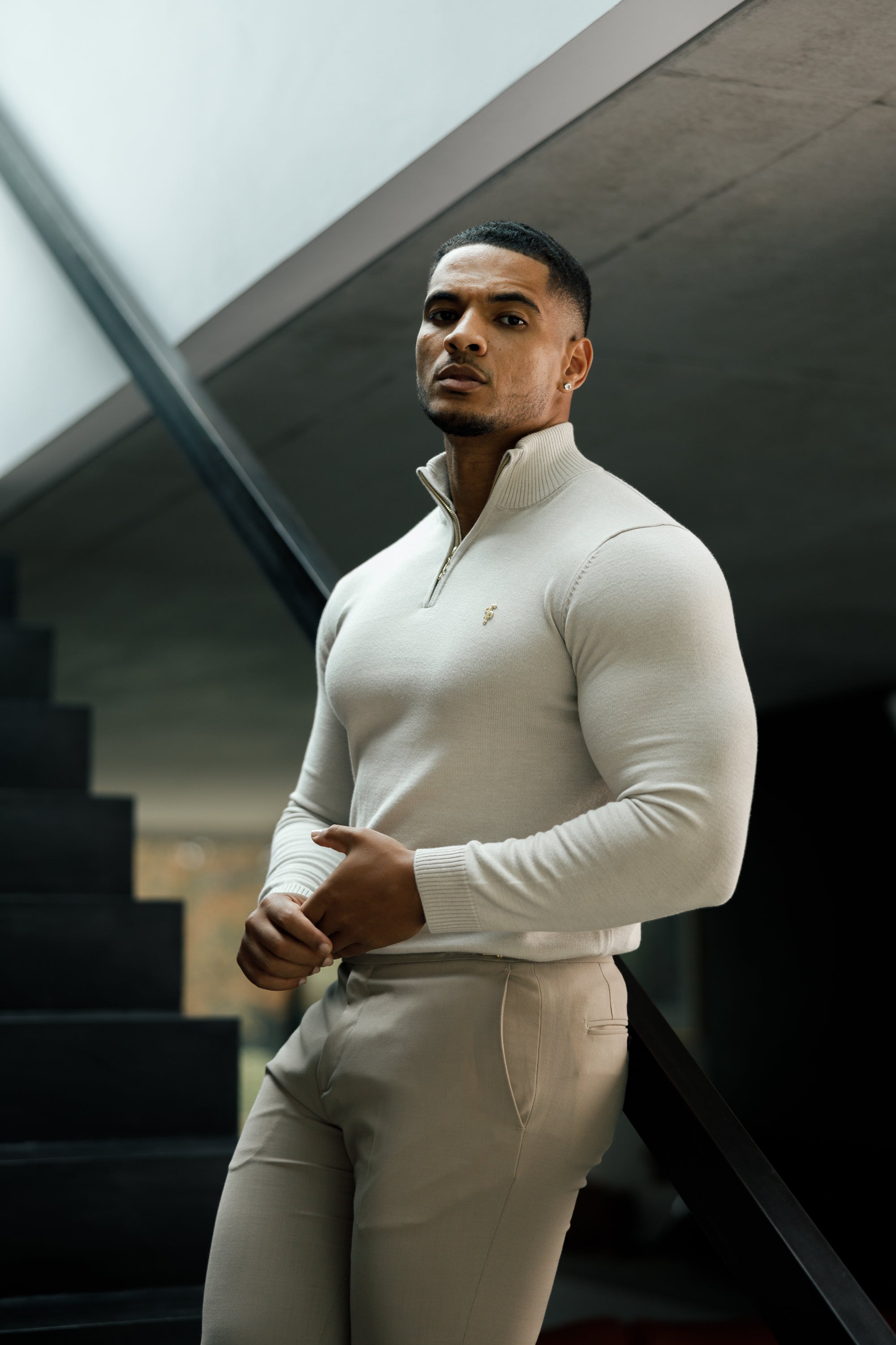 Beige Funnel Neck 1/2 Zip Knitted Jumper - FSN118