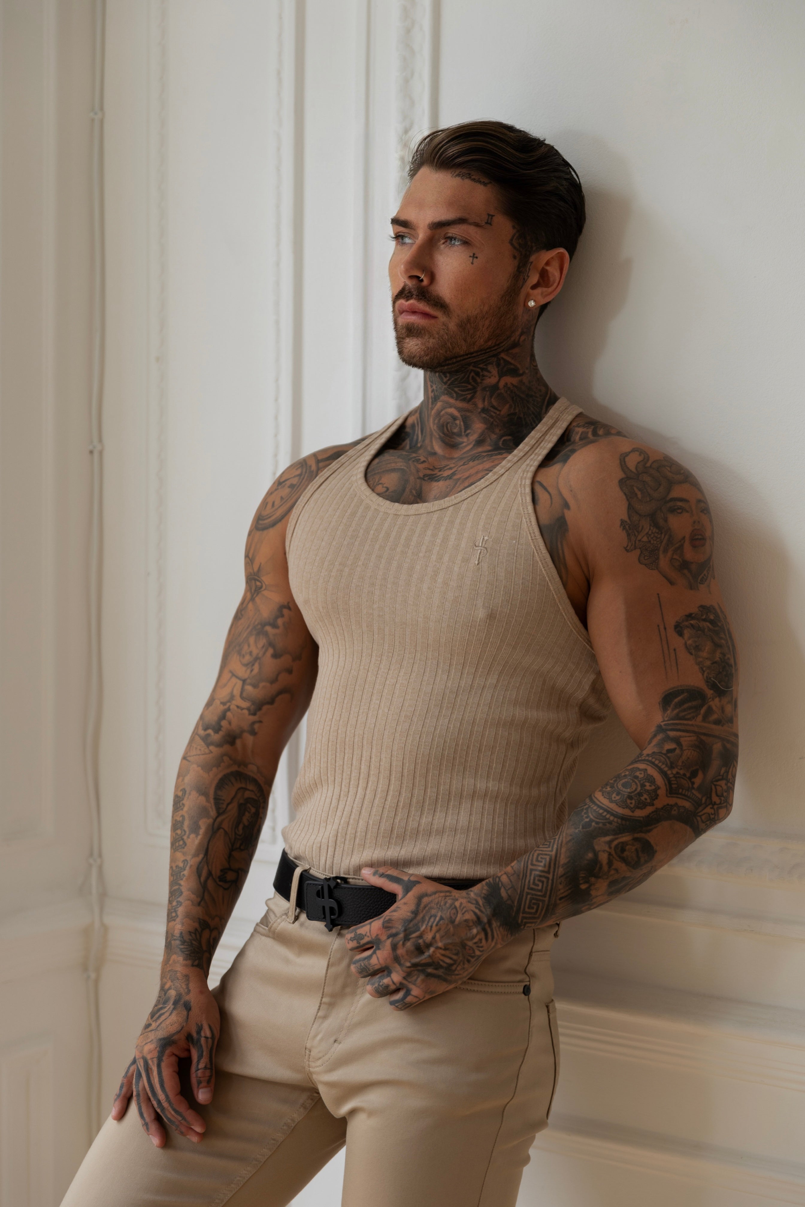 Classic Beige Ribbed Knit Super Slim Vest - FSH414