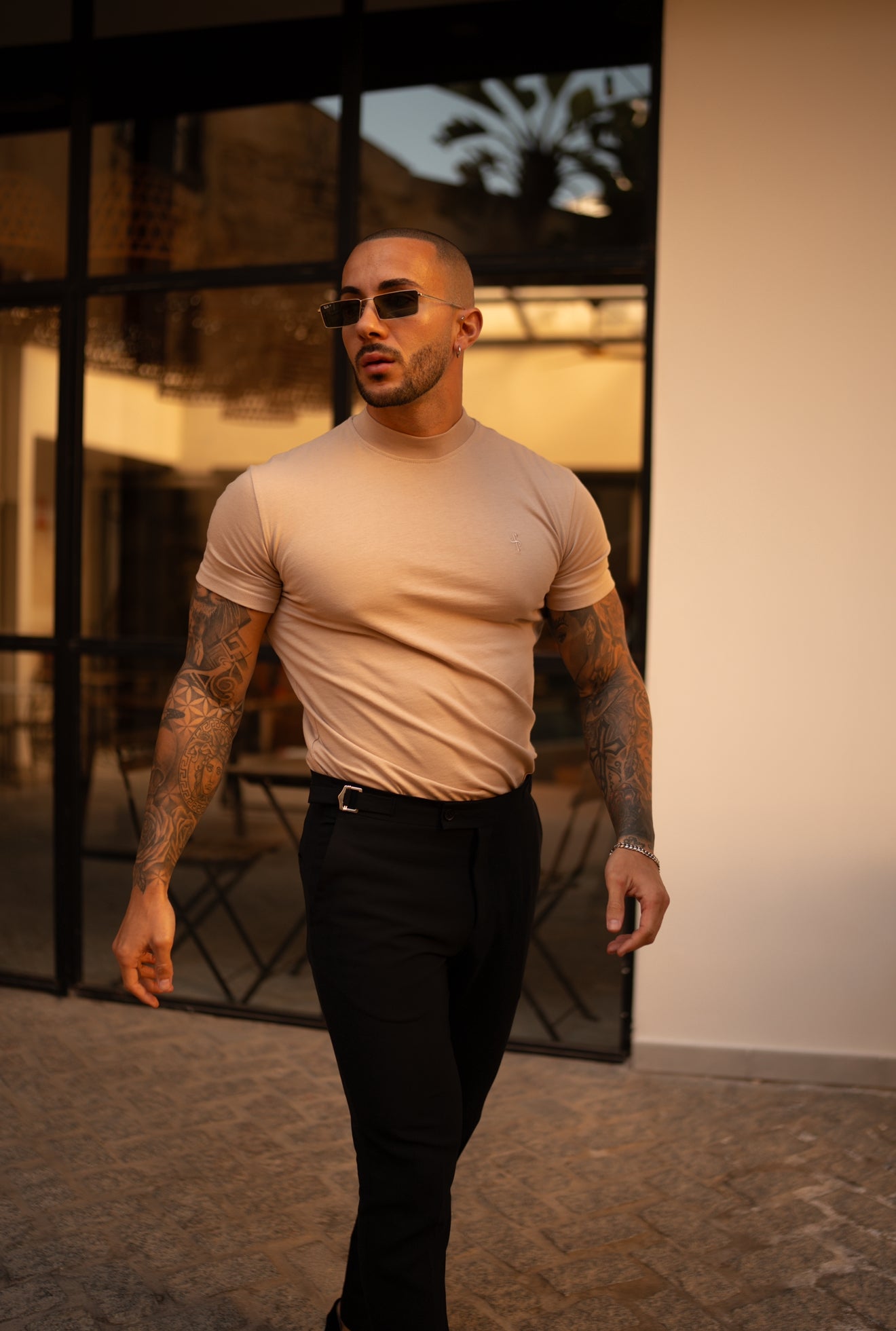 Ribbed High Neck Crew Short Sleeve Beige - FSH1141