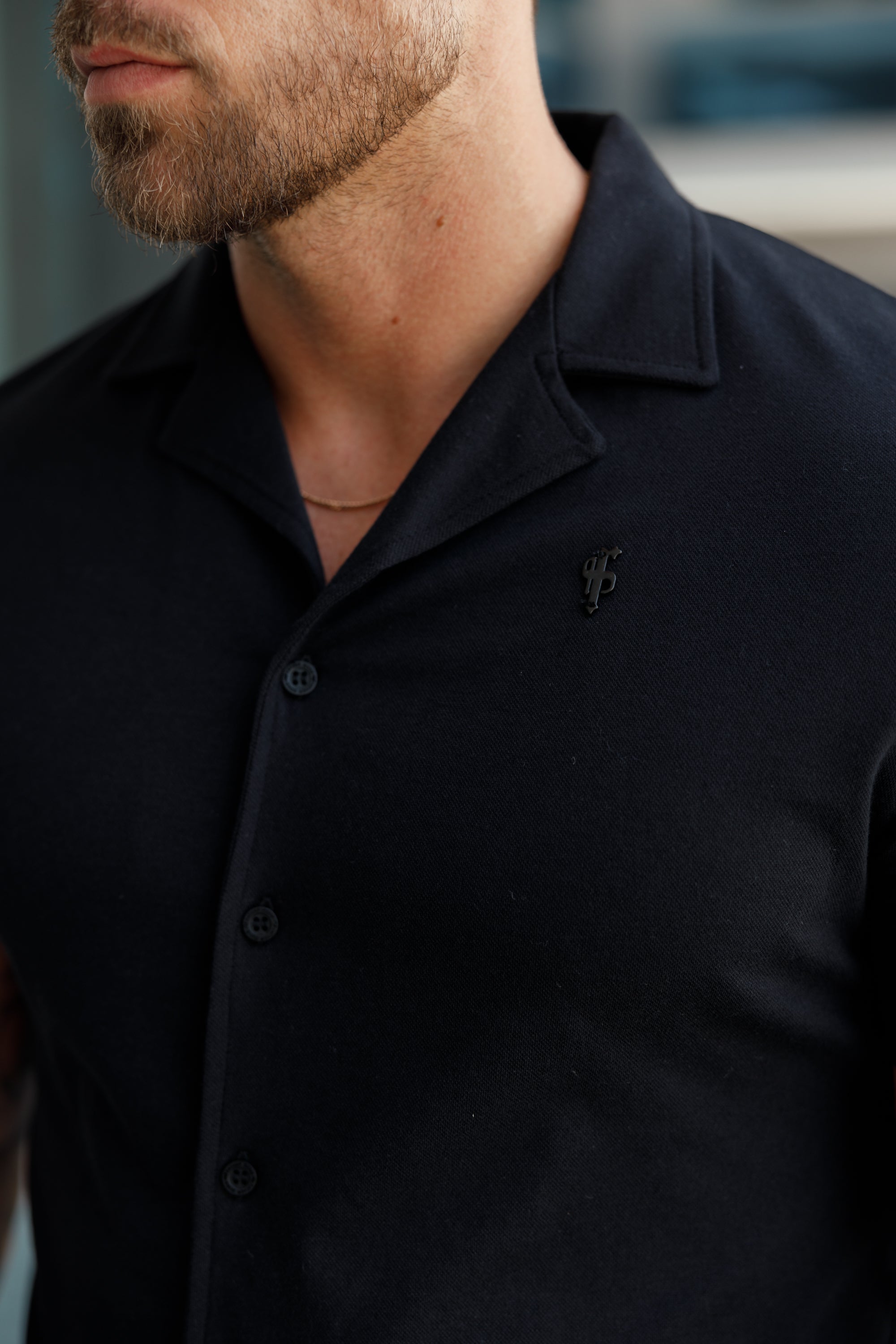 Stretch Black Pique Revere Shirt Short Sleeve - FSH1067