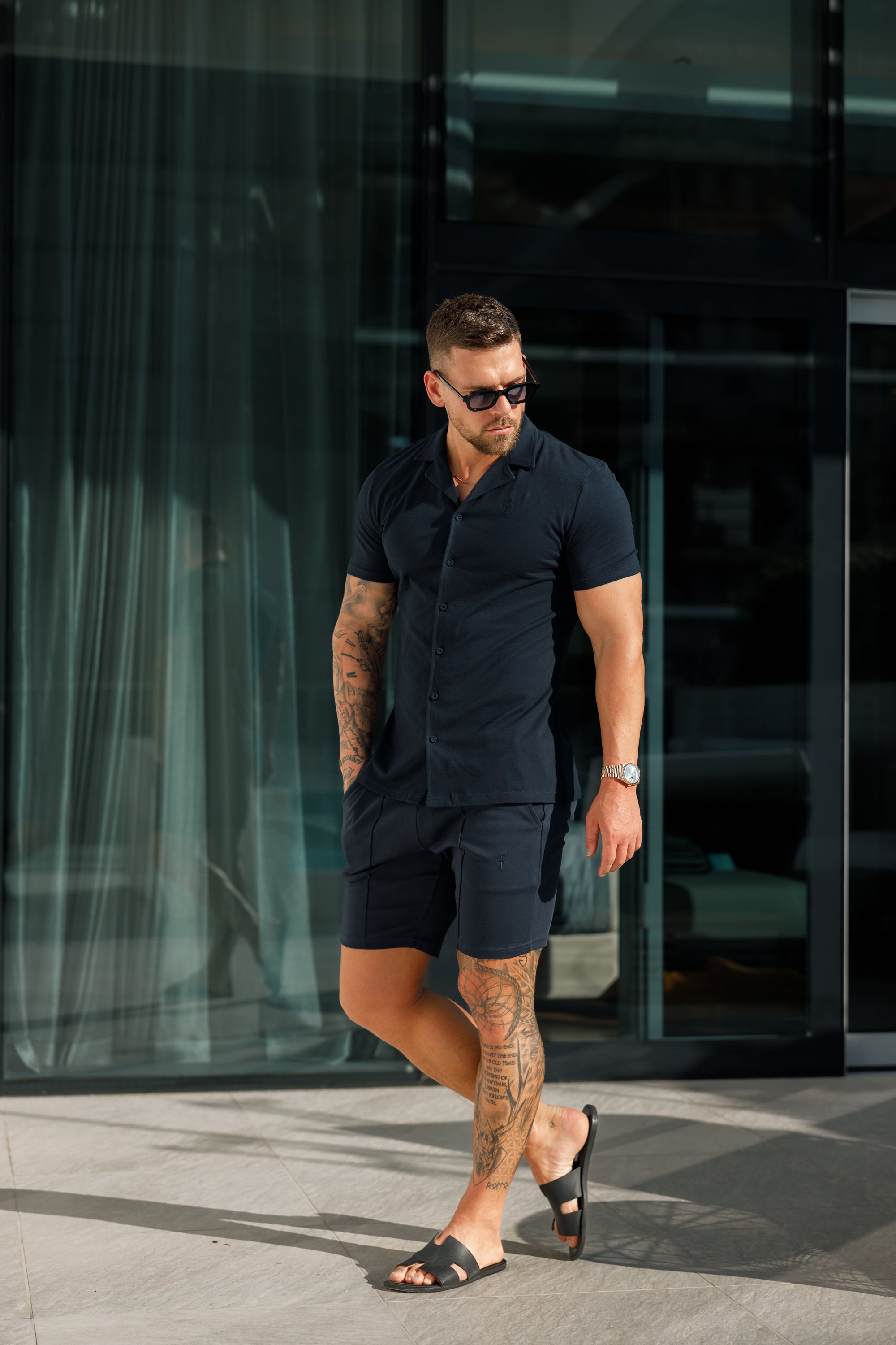 Stretch Navy Pique Revere Shirt Short Sleeve - FSH1069