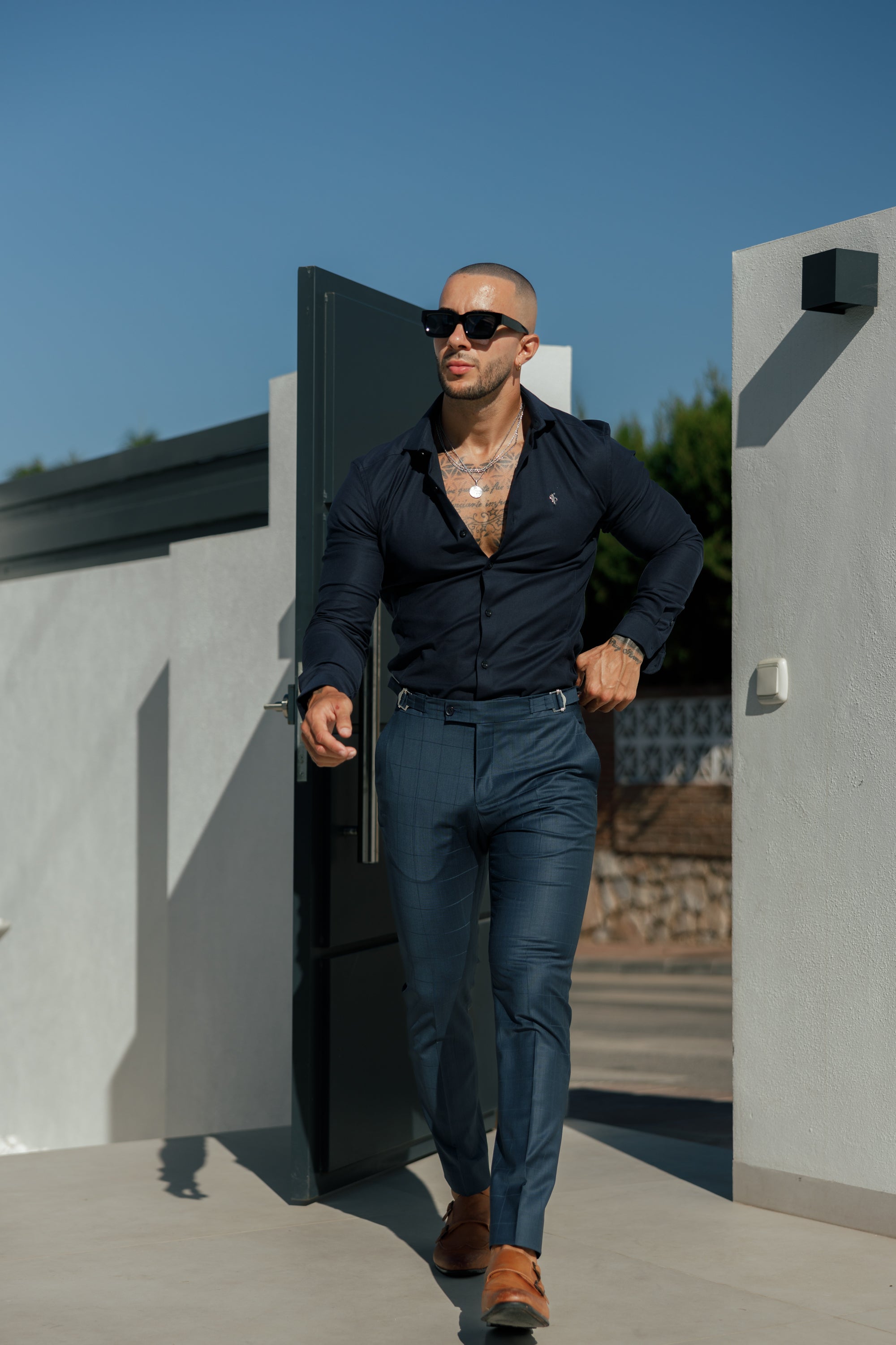 Super Slim Stretch Navy Side Panel Shirt LS - FS1090