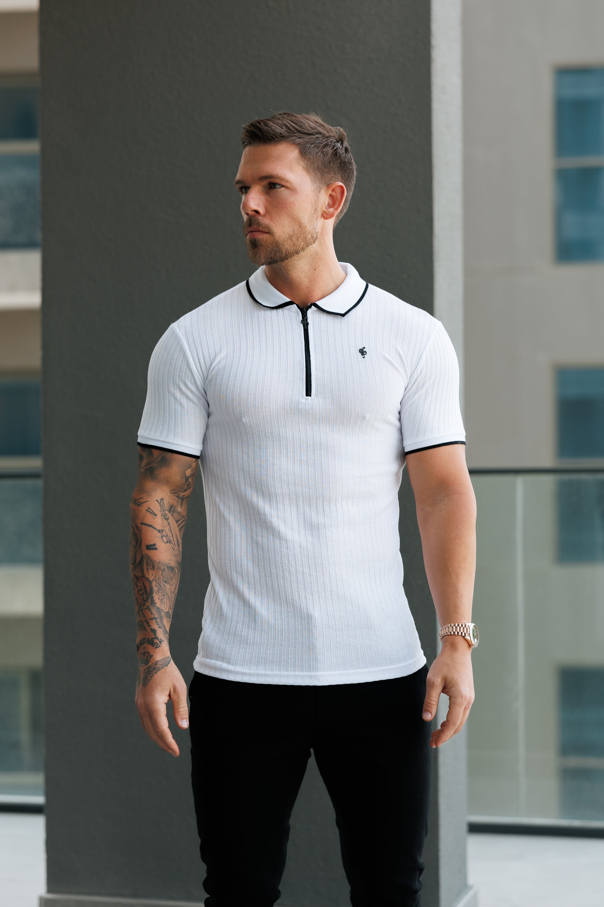 Classic White Ribbed Zip Polo with Contrast Short Sleeve - FSH1102