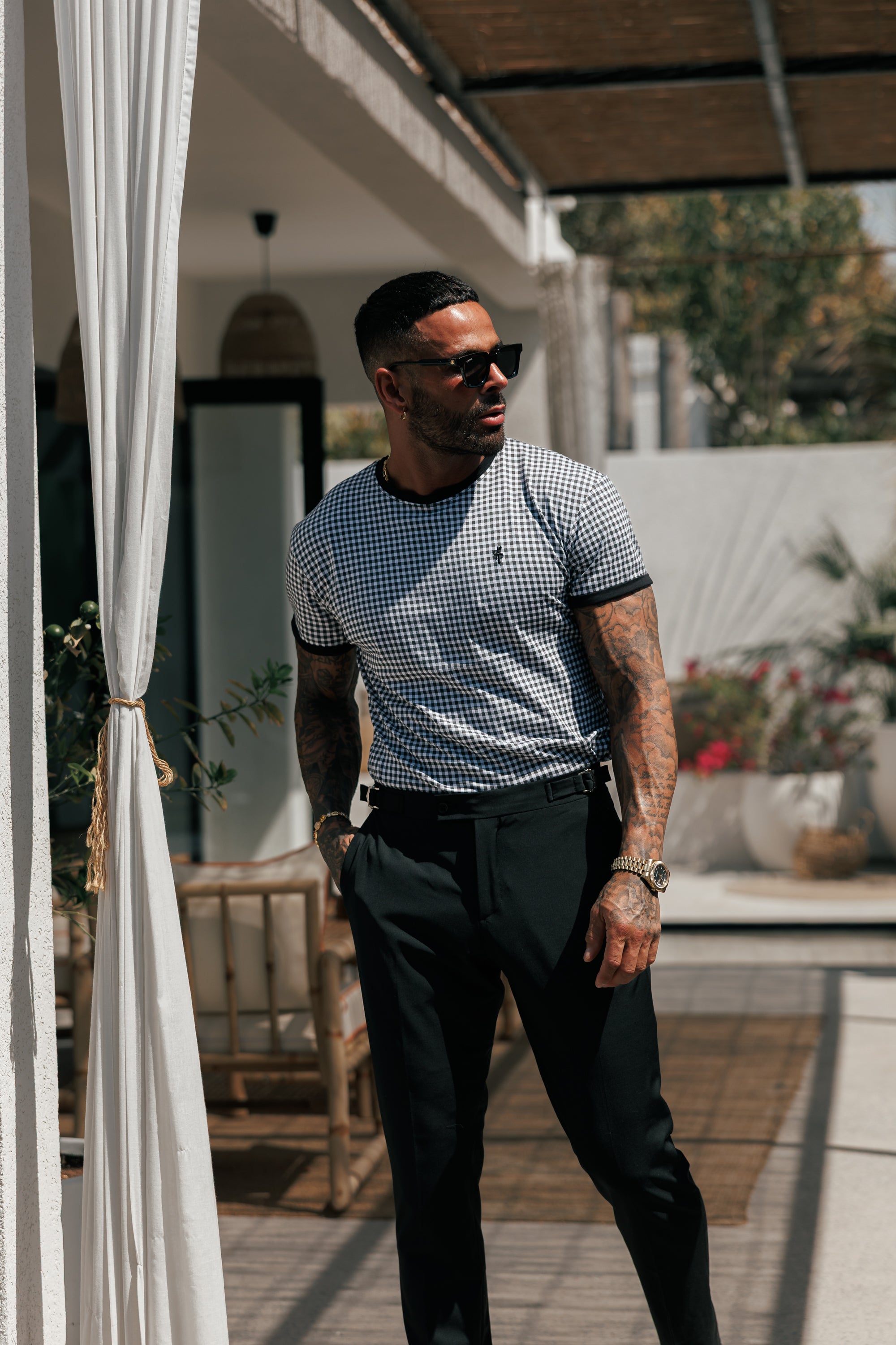 Printed Black / White Check Fitted T Shirt - FSH1238