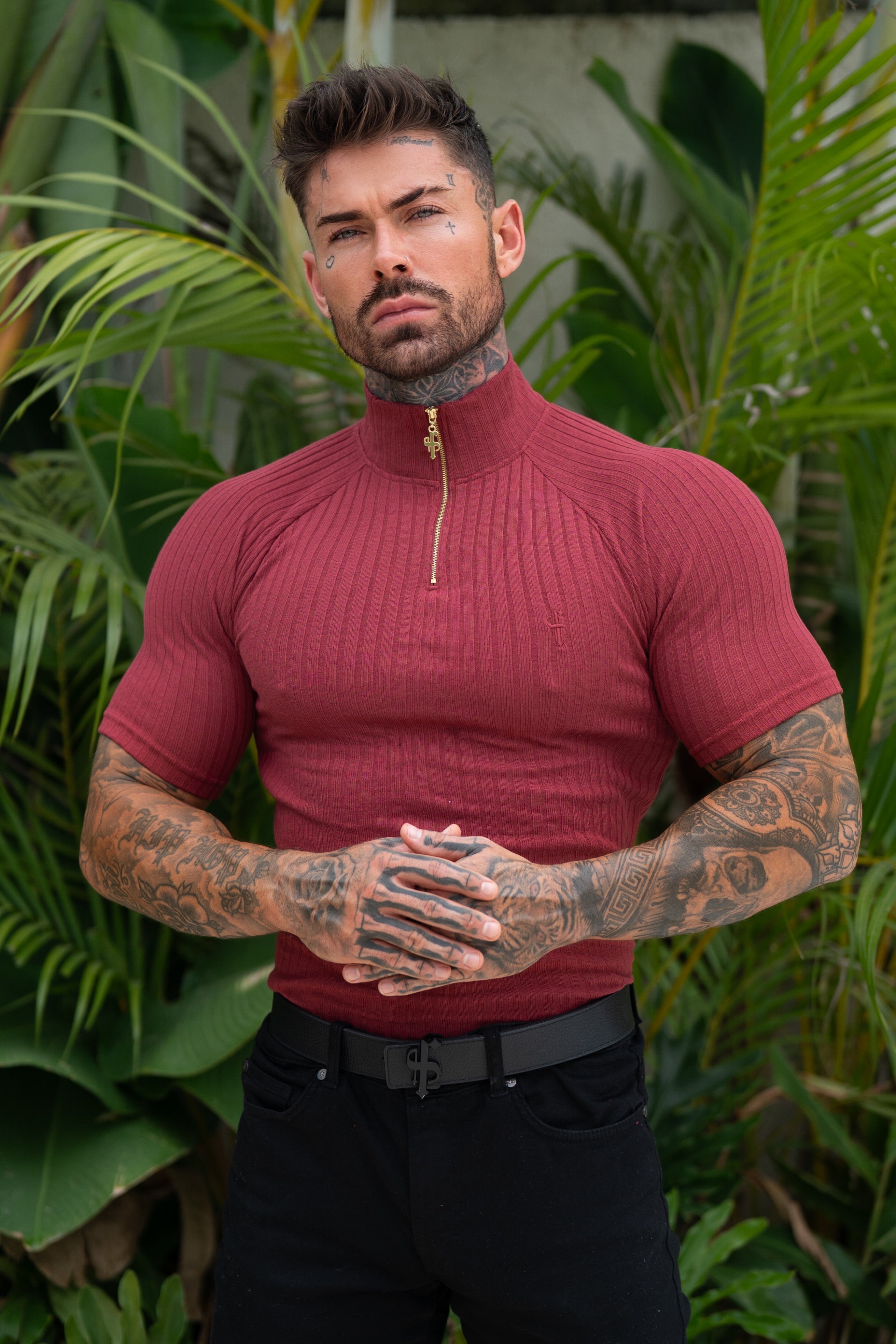 Classic Burgundy Ribbed Zip Funnel Neck Raglan Short Sleeve Crew - FSH1293