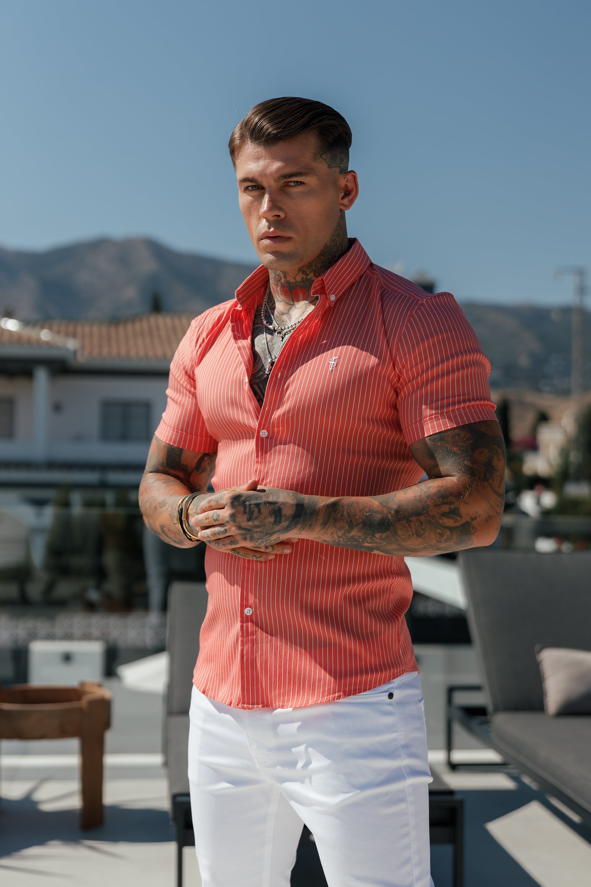 Super Slim Stretch Coral Printed Pinstripe Short Sleeve with Button Down Collar - FS1062