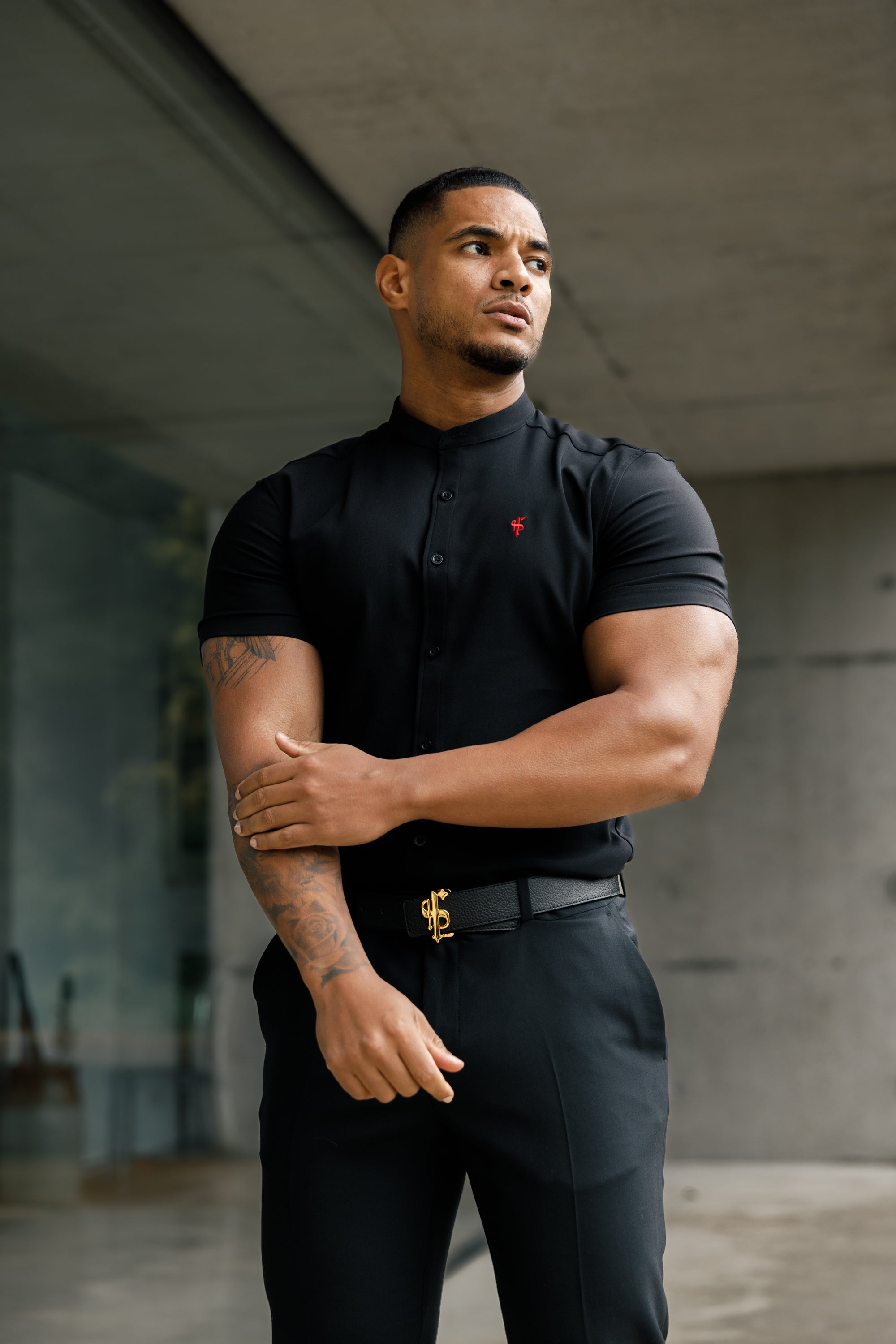 Super Slim Scuba Black Short Sleeve Stretch With Grandad Collar - FS930