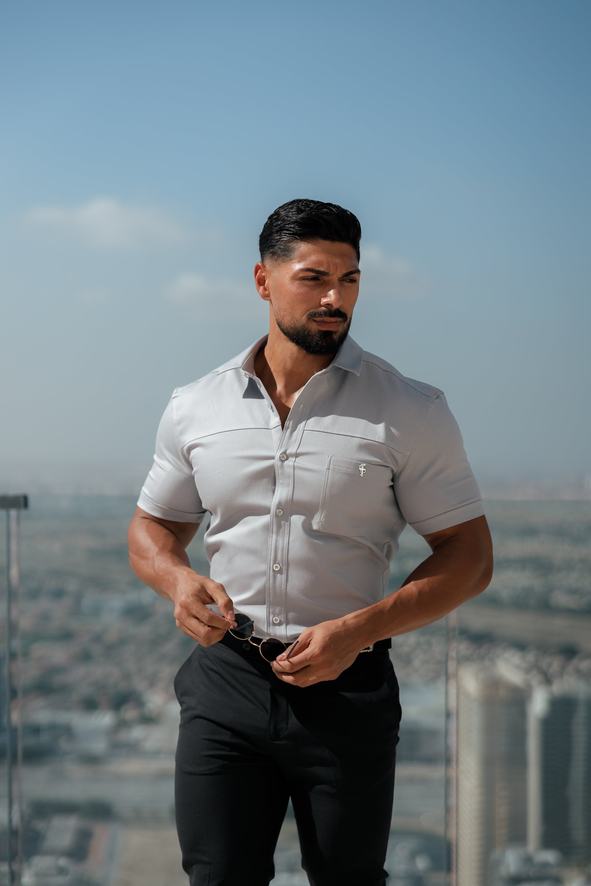 Super Slim Stretch Grey Denim Short Sleeve with Horizontal Seam and Pocket- FS960