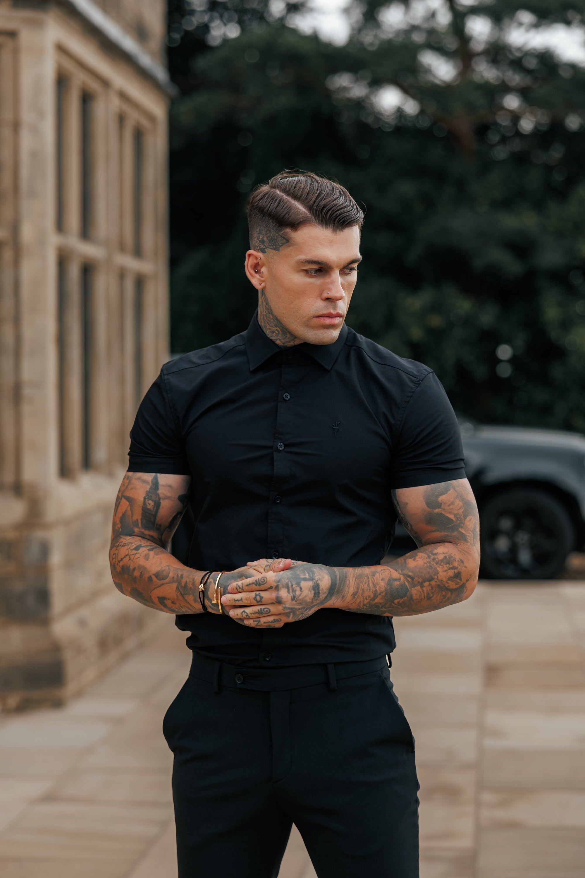 Muscle Fit Advanced Stretch Black Short Sleeve with Cutaway Collar - FS1159