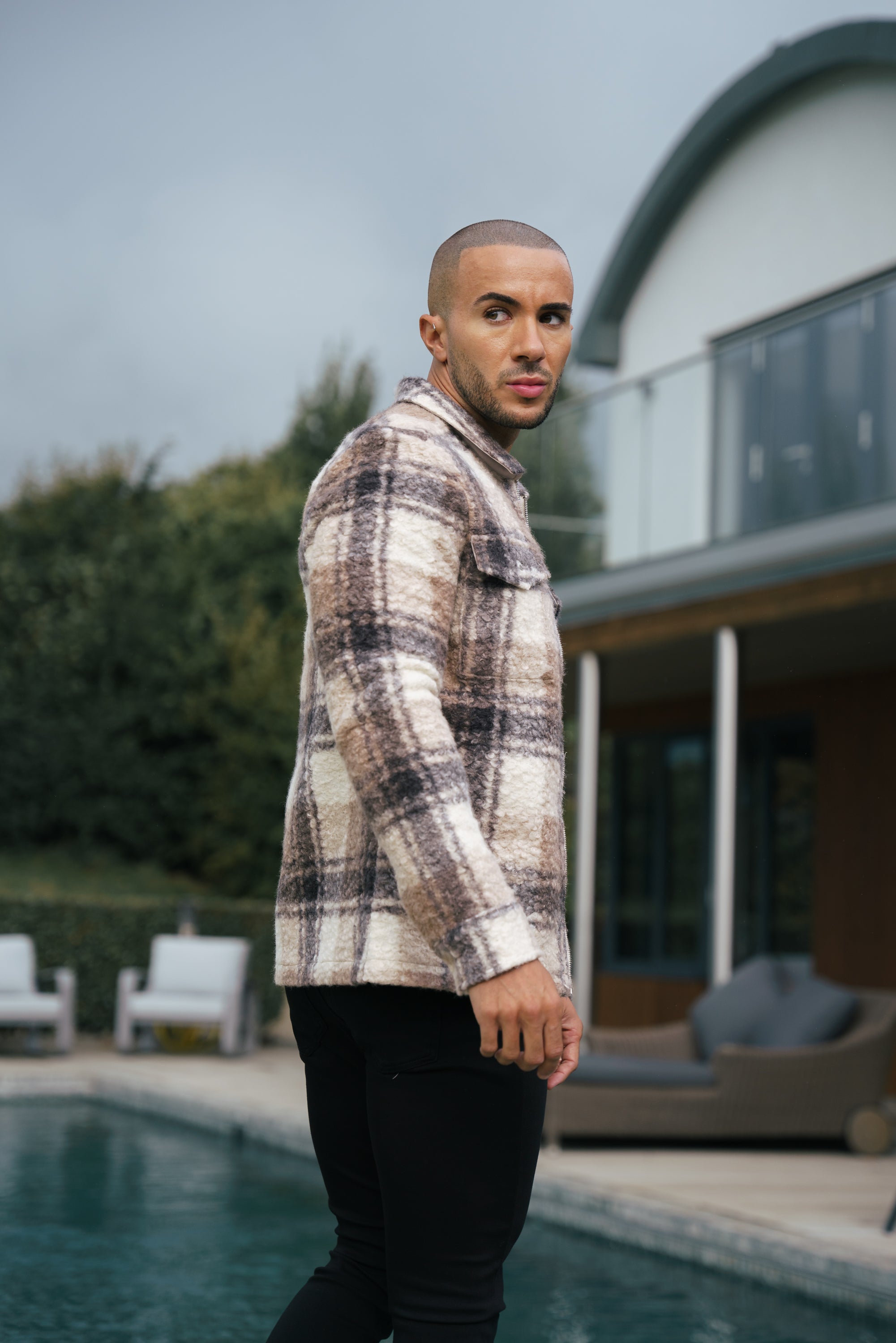 Boucle Zipped Check Jacket Taupe - FSN155
