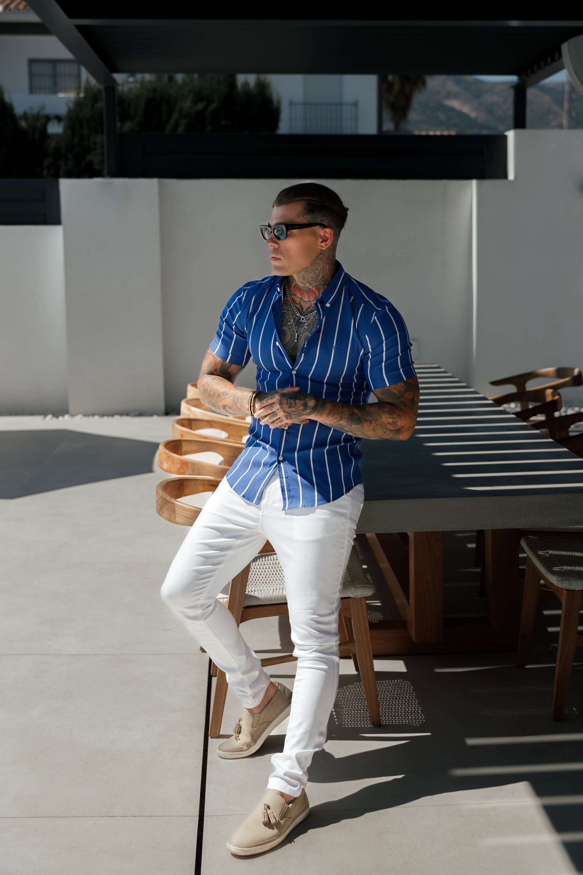 Super Slim Stretch Ocean Blue Printed Wide Stripe Short Sleeve with Button Down Collar - FS1056