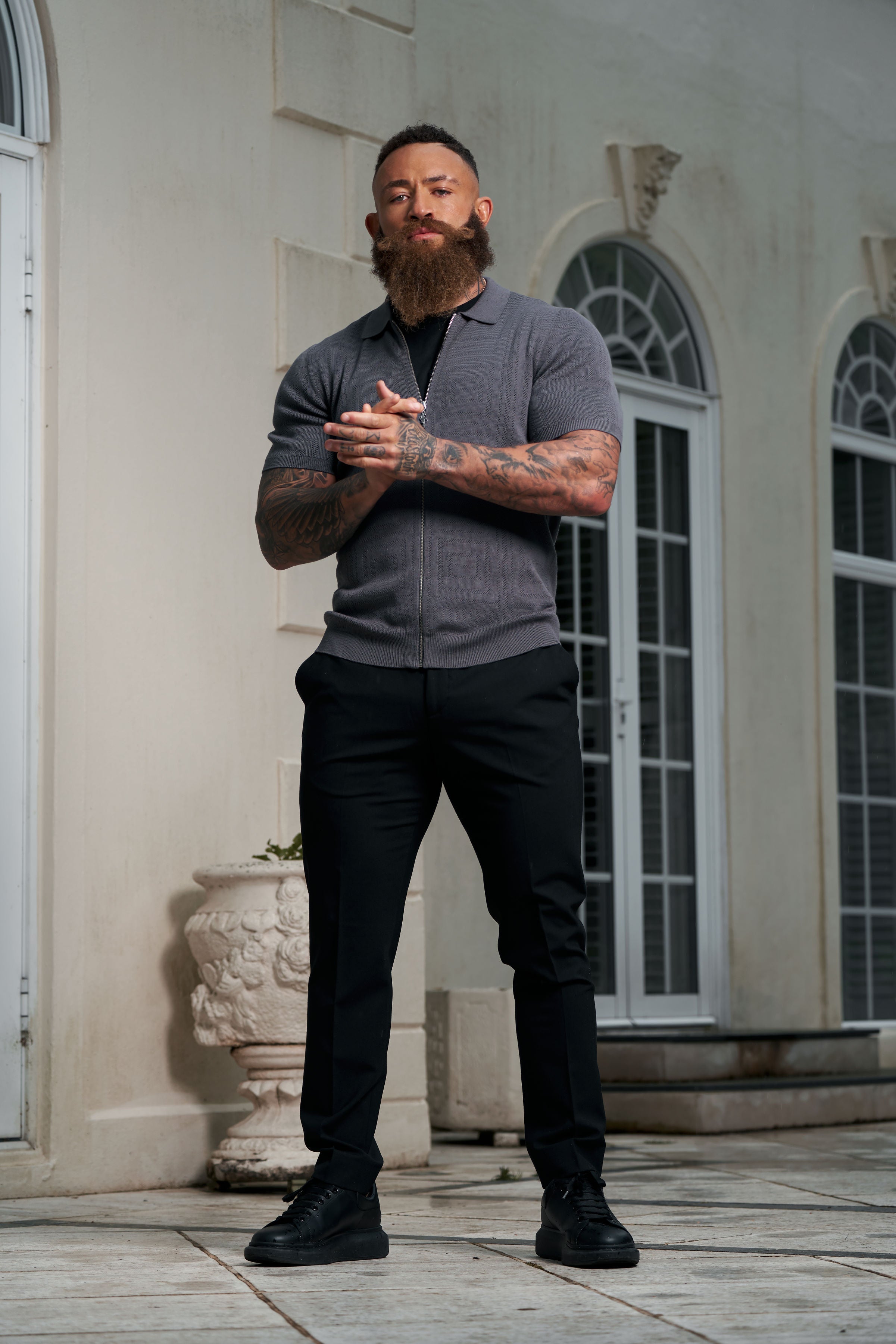 Classic Knitted Geo Design With Full Length Zip Gunmetal Short Sleeve - FSN150